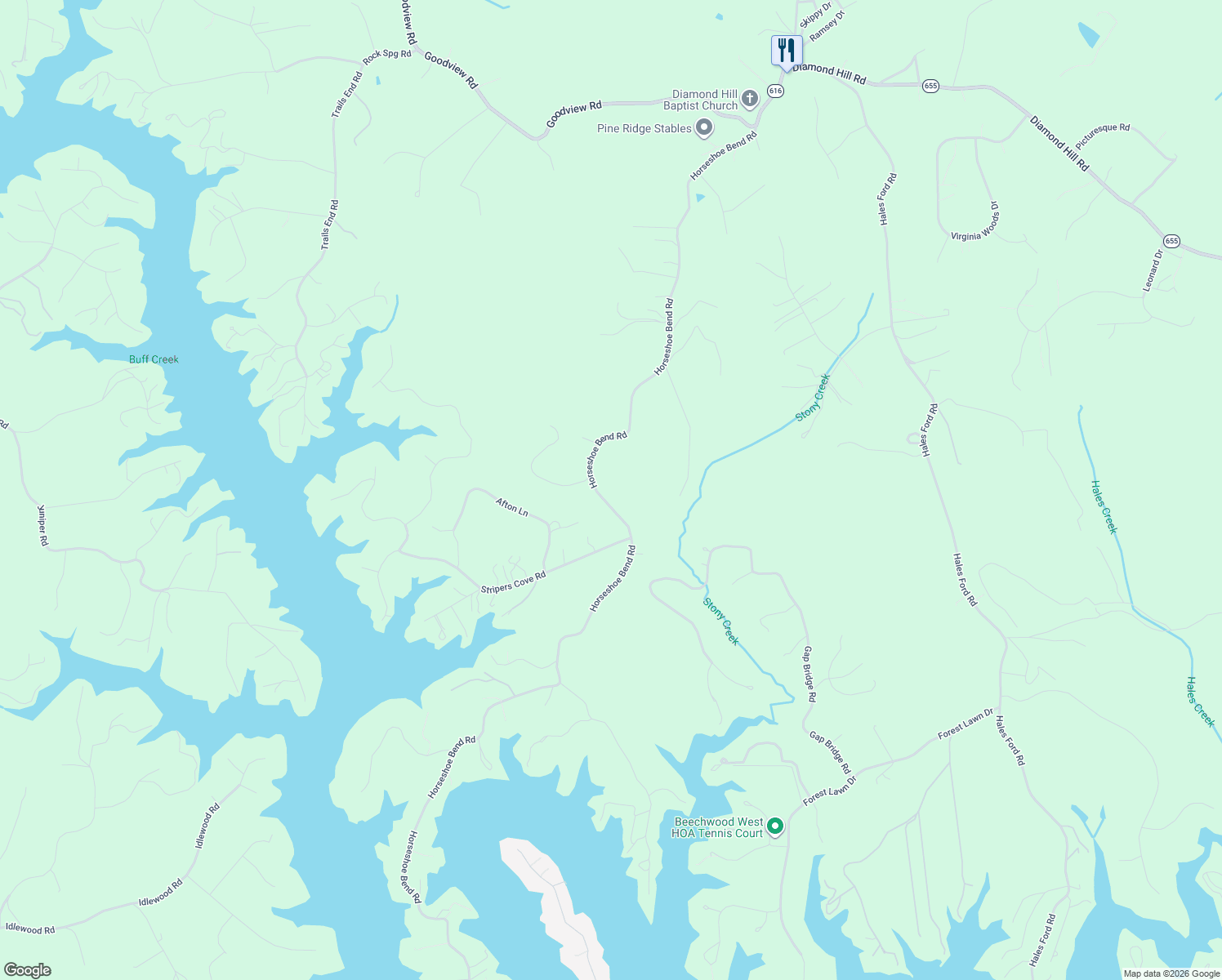 map of restaurants, bars, coffee shops, grocery stores, and more near 4564 Horseshoe Bend Road in Goodview