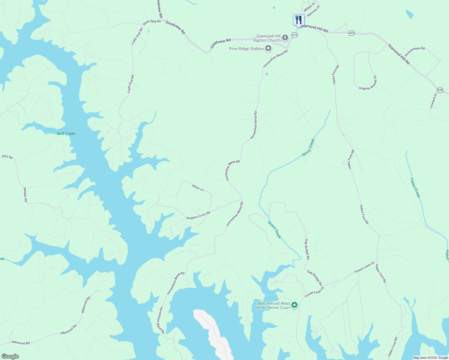 map of restaurants, bars, coffee shops, grocery stores, and more near 4752-4848 Horseshoe Bend Road in Goodview