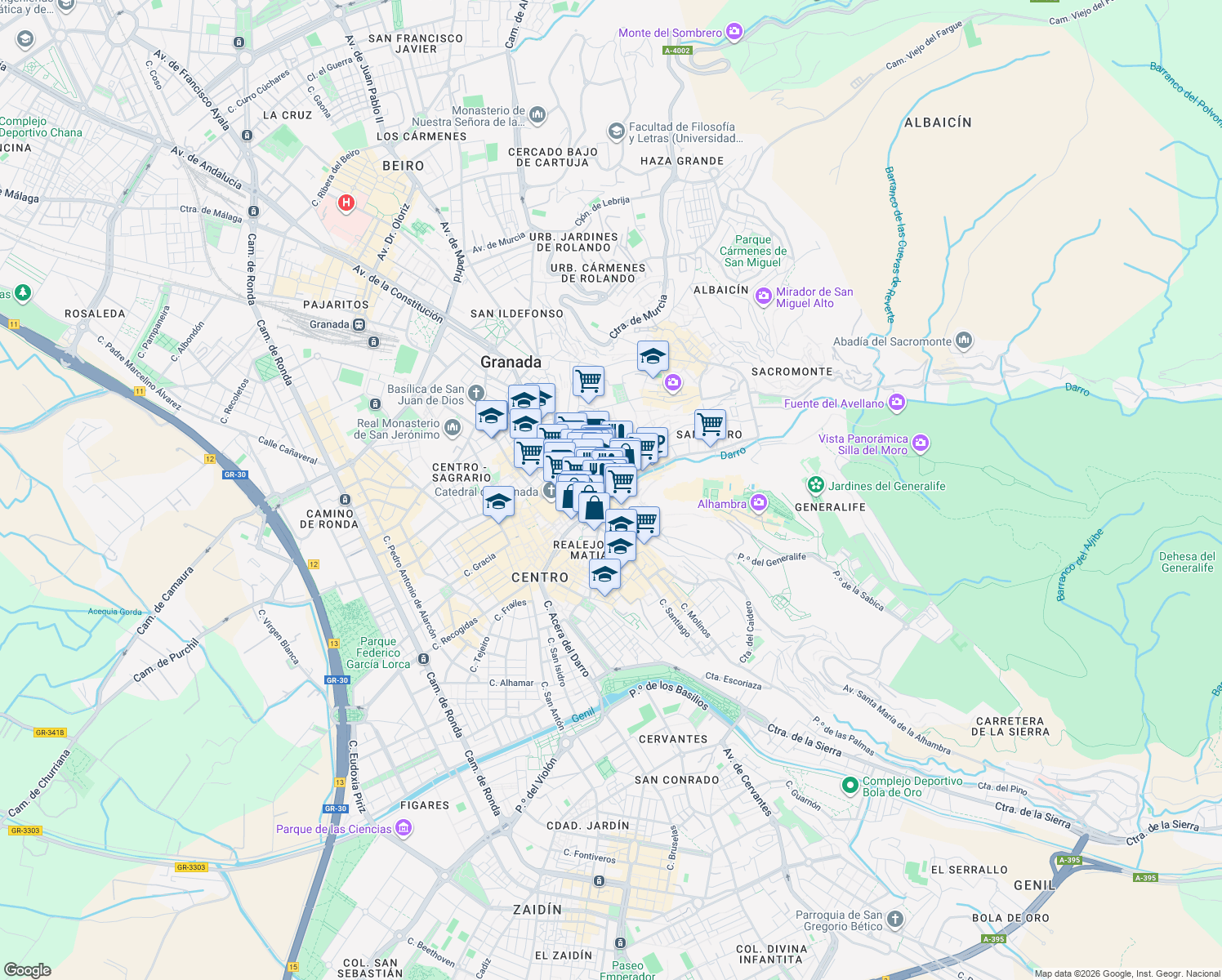 map of restaurants, bars, coffee shops, grocery stores, and more near 6 Plaza Nueva in Granada