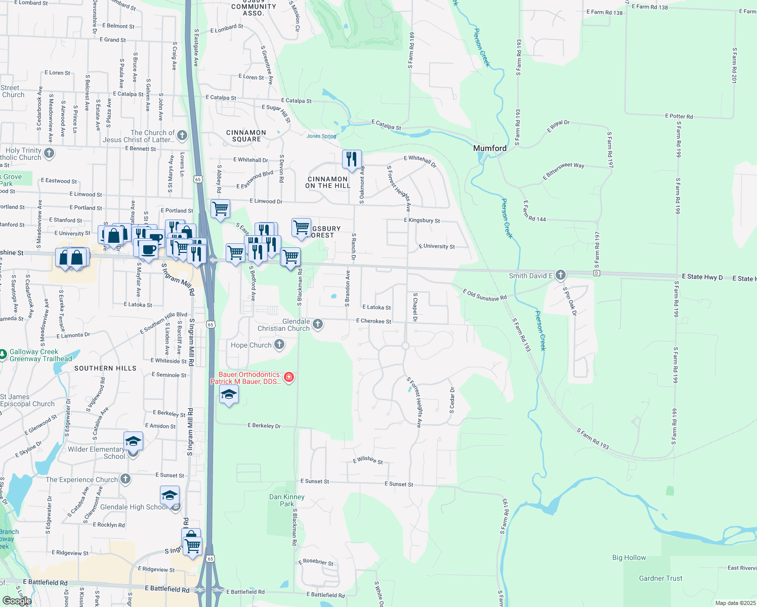 map of restaurants, bars, coffee shops, grocery stores, and more near 4095 E Latoka St in Springfield