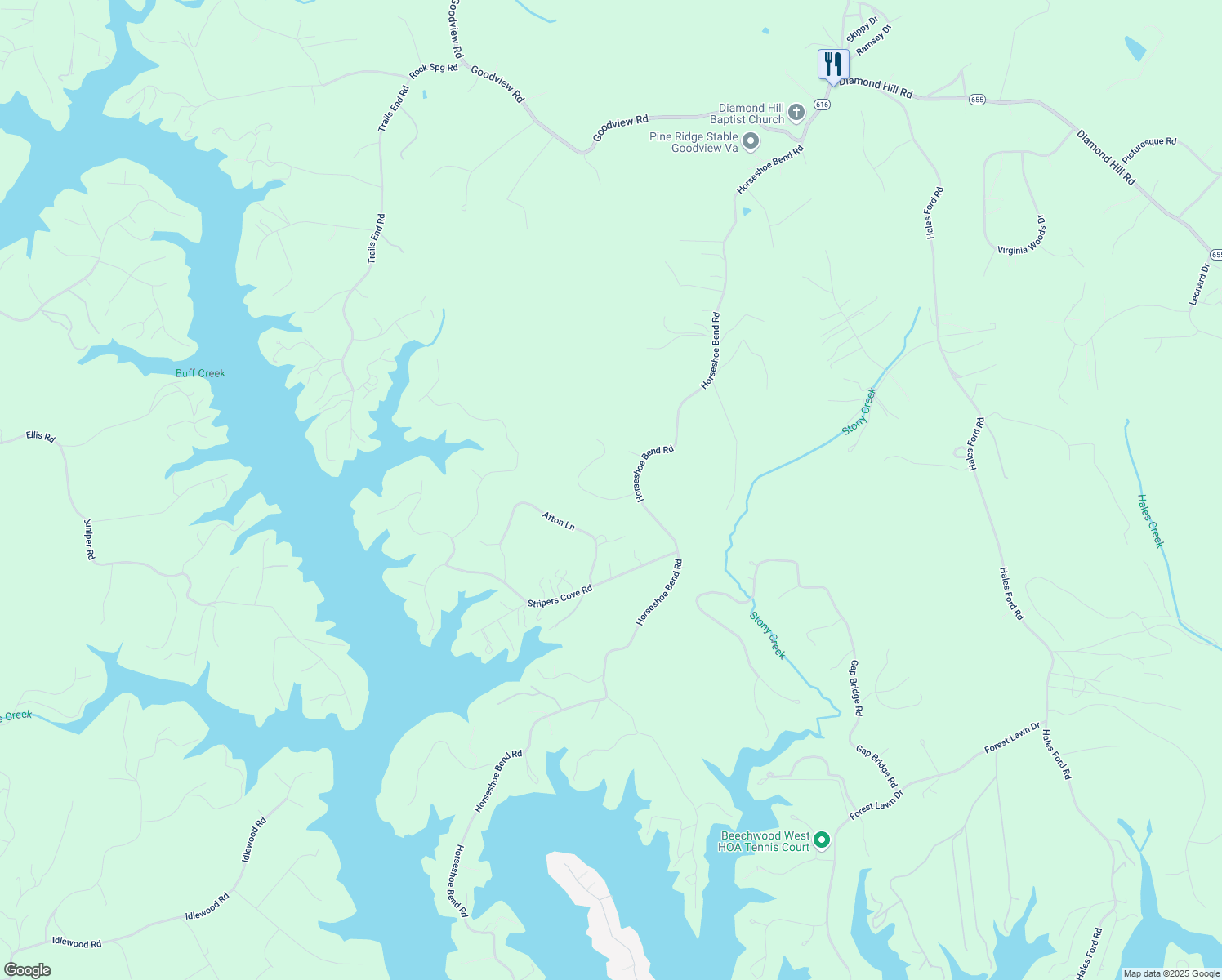 map of restaurants, bars, coffee shops, grocery stores, and more near 105 Tosh Lane in Goodview
