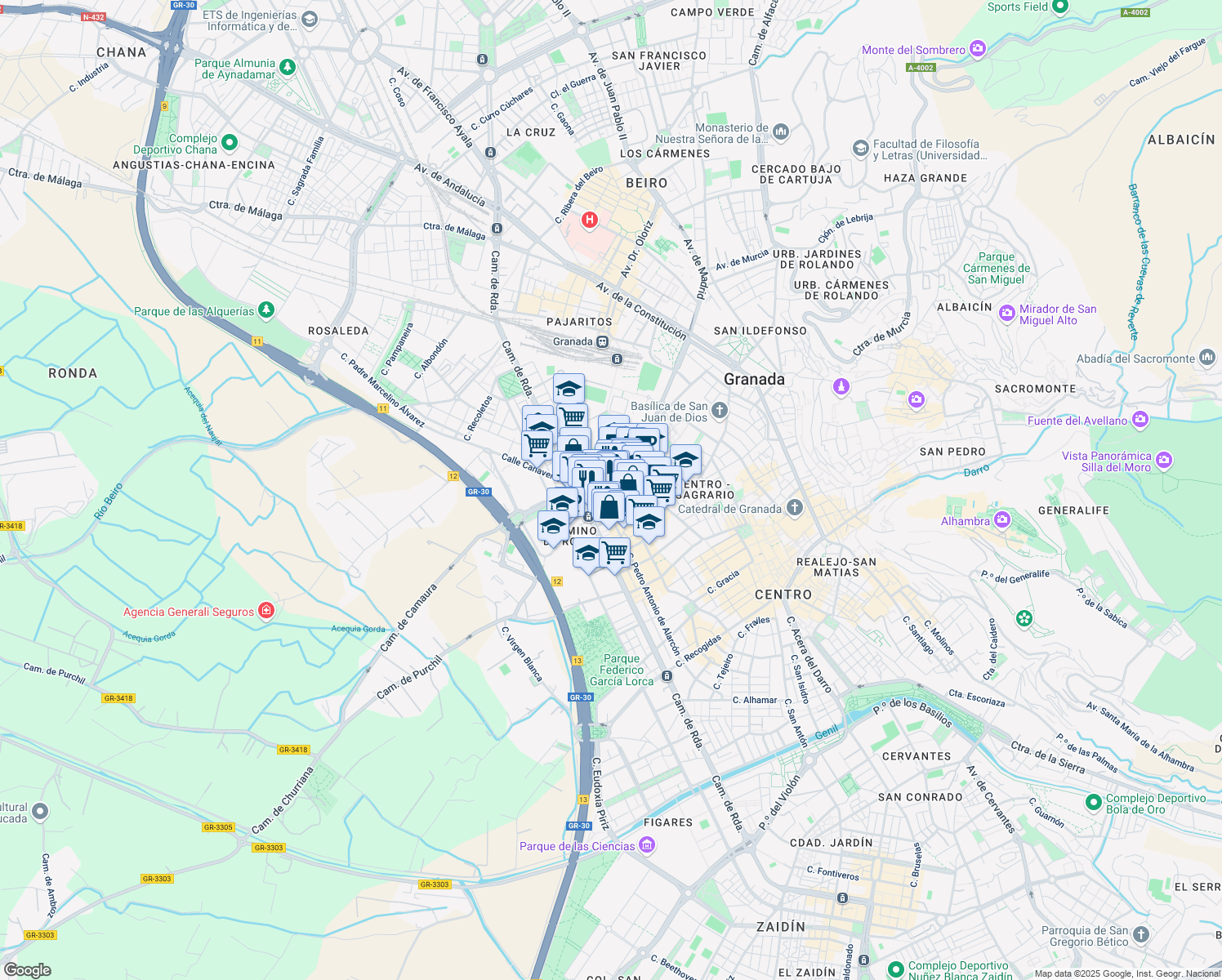 map of restaurants, bars, coffee shops, grocery stores, and more near 6 Calle Pintor Rodríguez Acosta in Granada