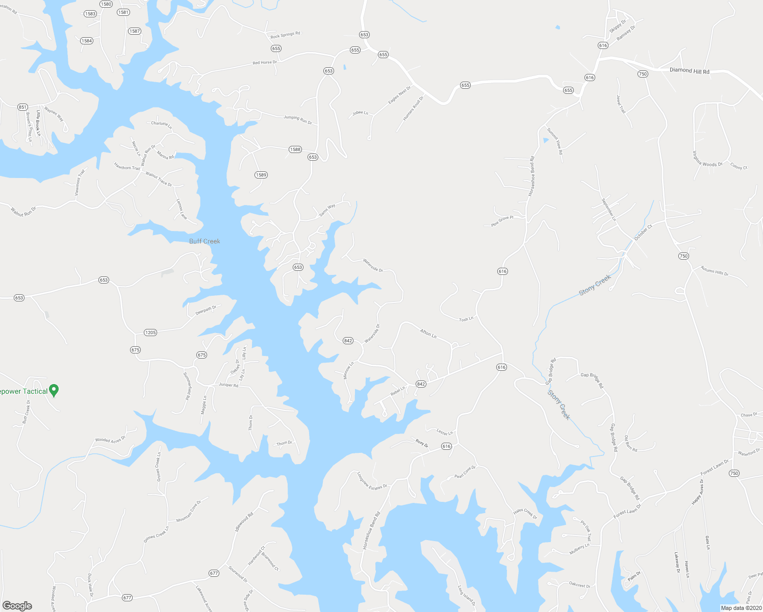 map of restaurants, bars, coffee shops, grocery stores, and more near Waterside Drive in Goodview