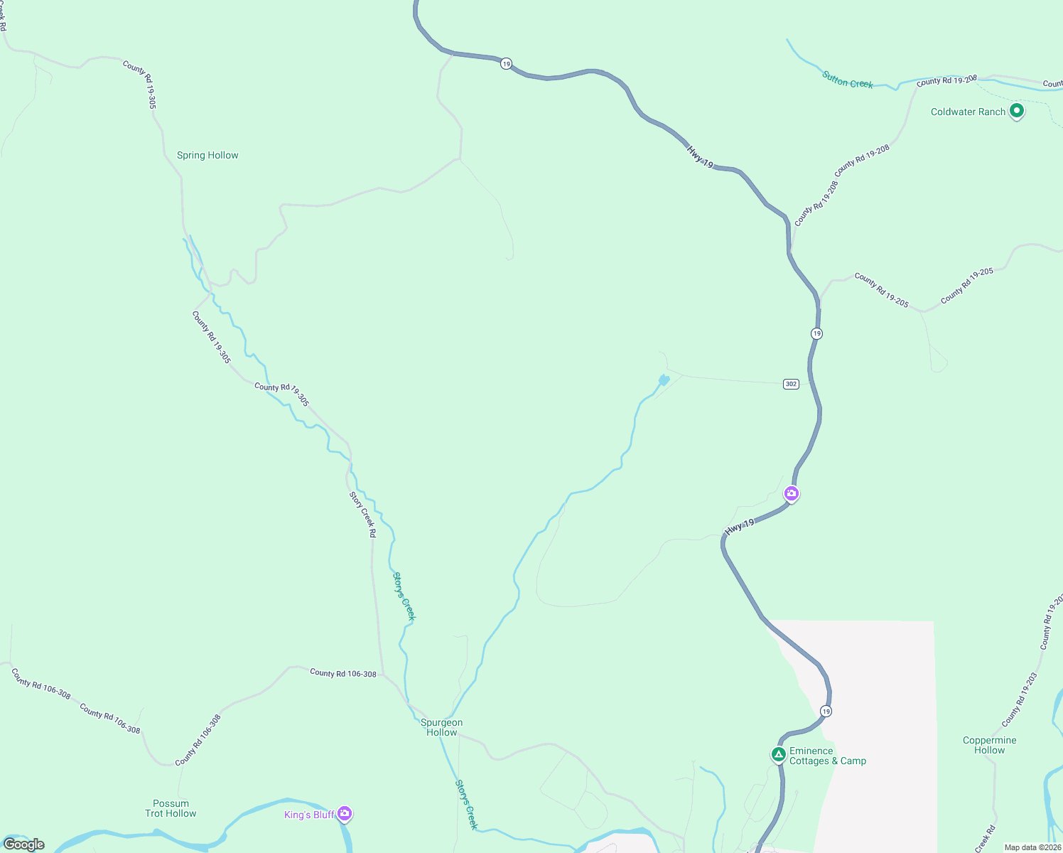 map of restaurants, bars, coffee shops, grocery stores, and more near 20407 Thunder Ridge Road in Eminence