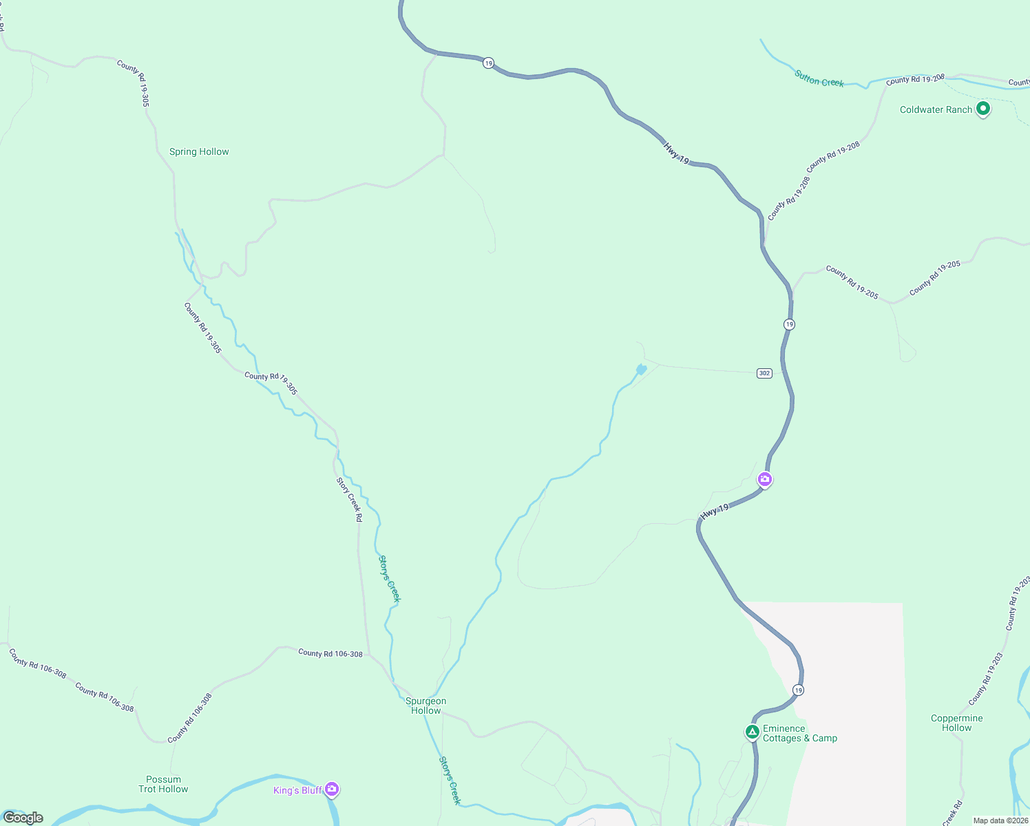 map of restaurants, bars, coffee shops, grocery stores, and more near 20407 Thunder Ridge Road in Eminence