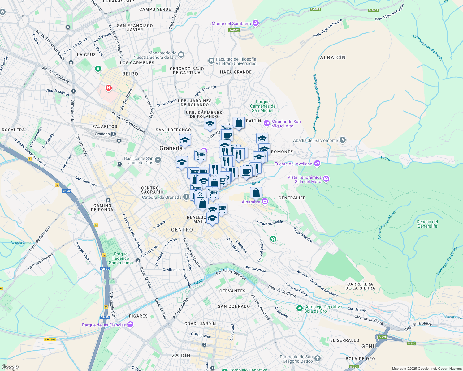 map of restaurants, bars, coffee shops, grocery stores, and more near 35 Carrera del Darro in Granada