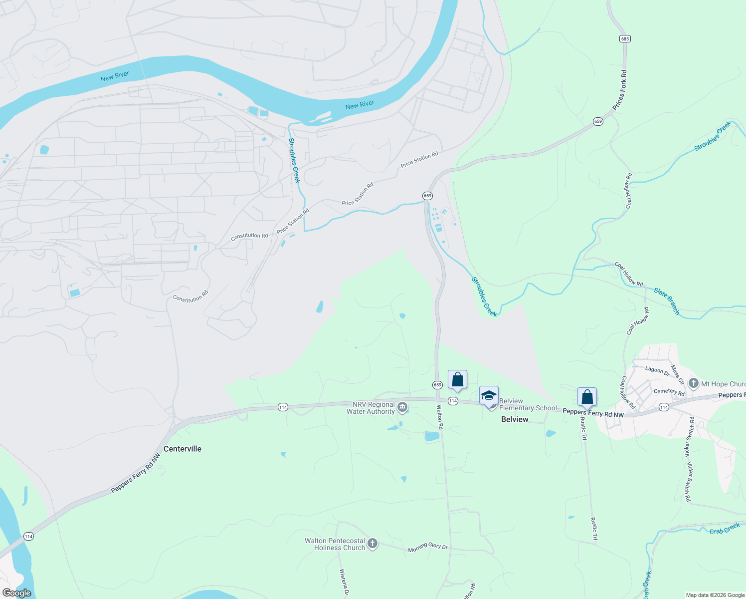 map of restaurants, bars, coffee shops, grocery stores, and more near 524 Waterworks Road in Radford
