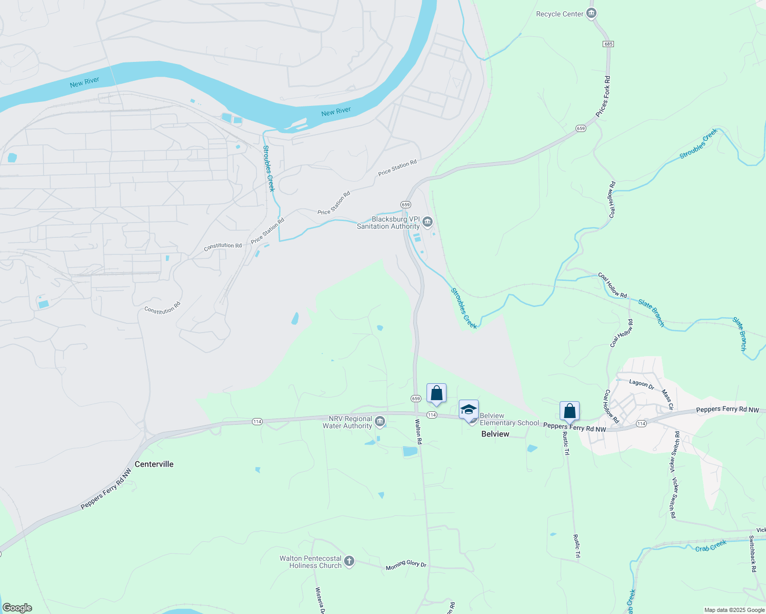 map of restaurants, bars, coffee shops, grocery stores, and more near 468 Waterworks Road in Radford