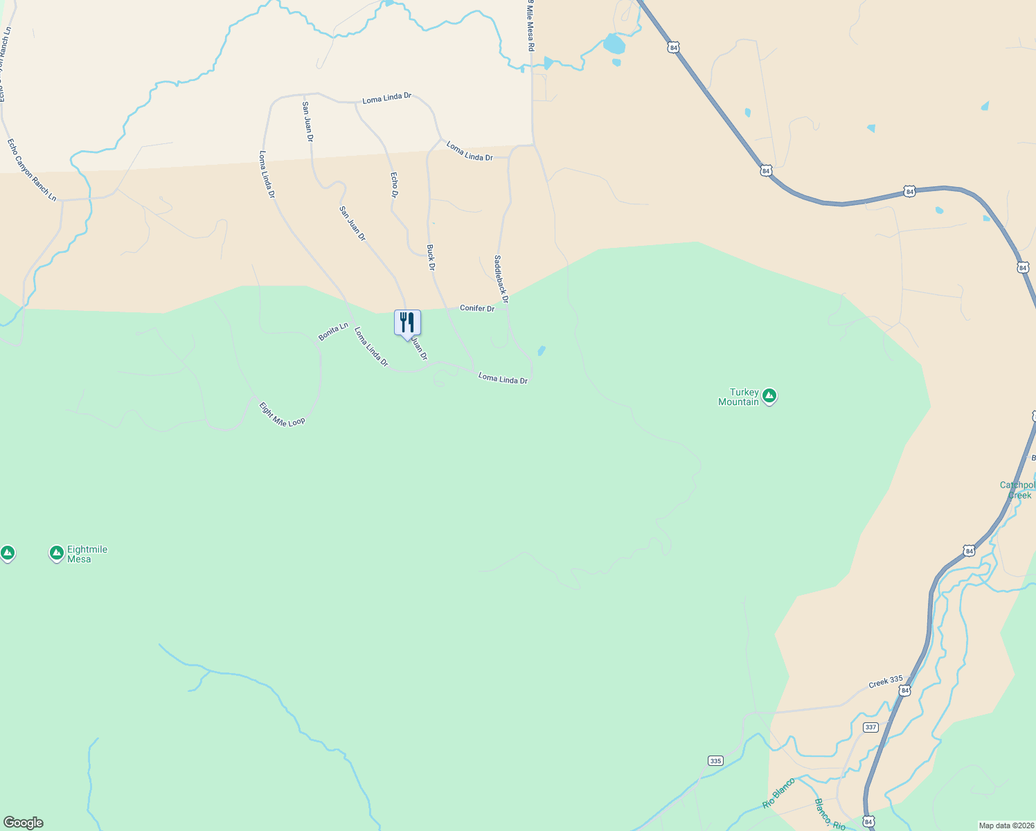 map of restaurants, bars, coffee shops, grocery stores, and more near 2409 Loma Linda Drive in Pagosa Springs