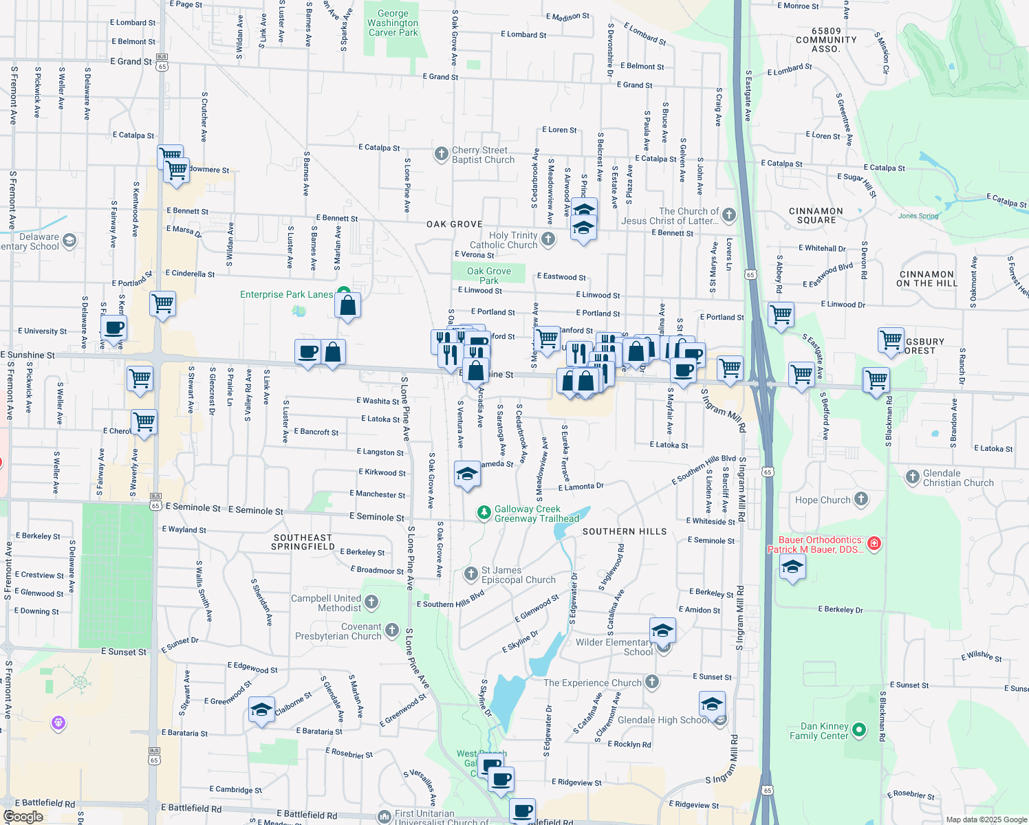map of restaurants, bars, coffee shops, grocery stores, and more near 1923 South Cedarbrook Avenue in Springfield