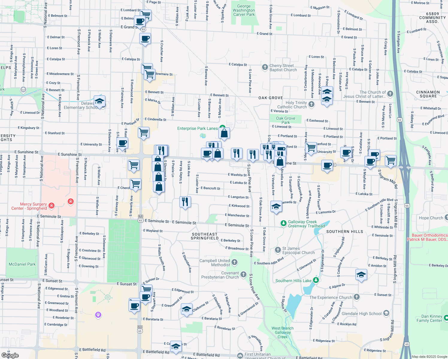 map of restaurants, bars, coffee shops, grocery stores, and more near 2305 East Latoka Street in Springfield