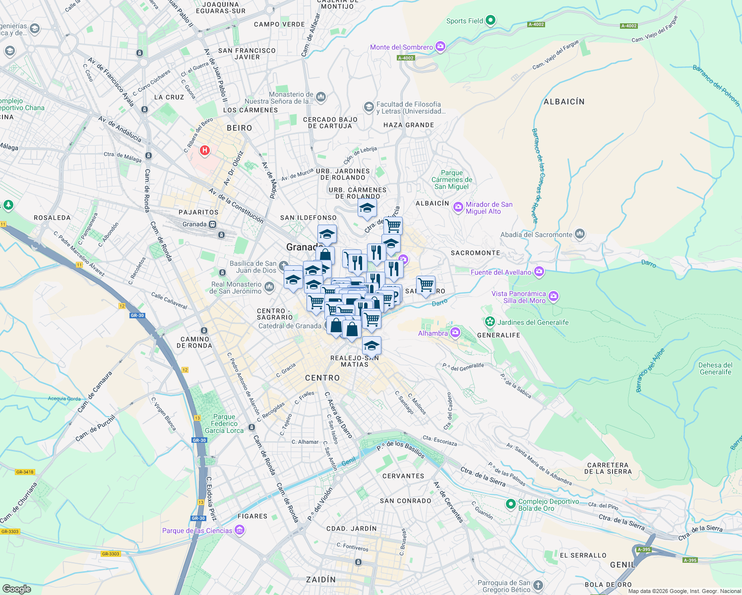 map of restaurants, bars, coffee shops, grocery stores, and more near 8 Placeta Sánchez in Granada