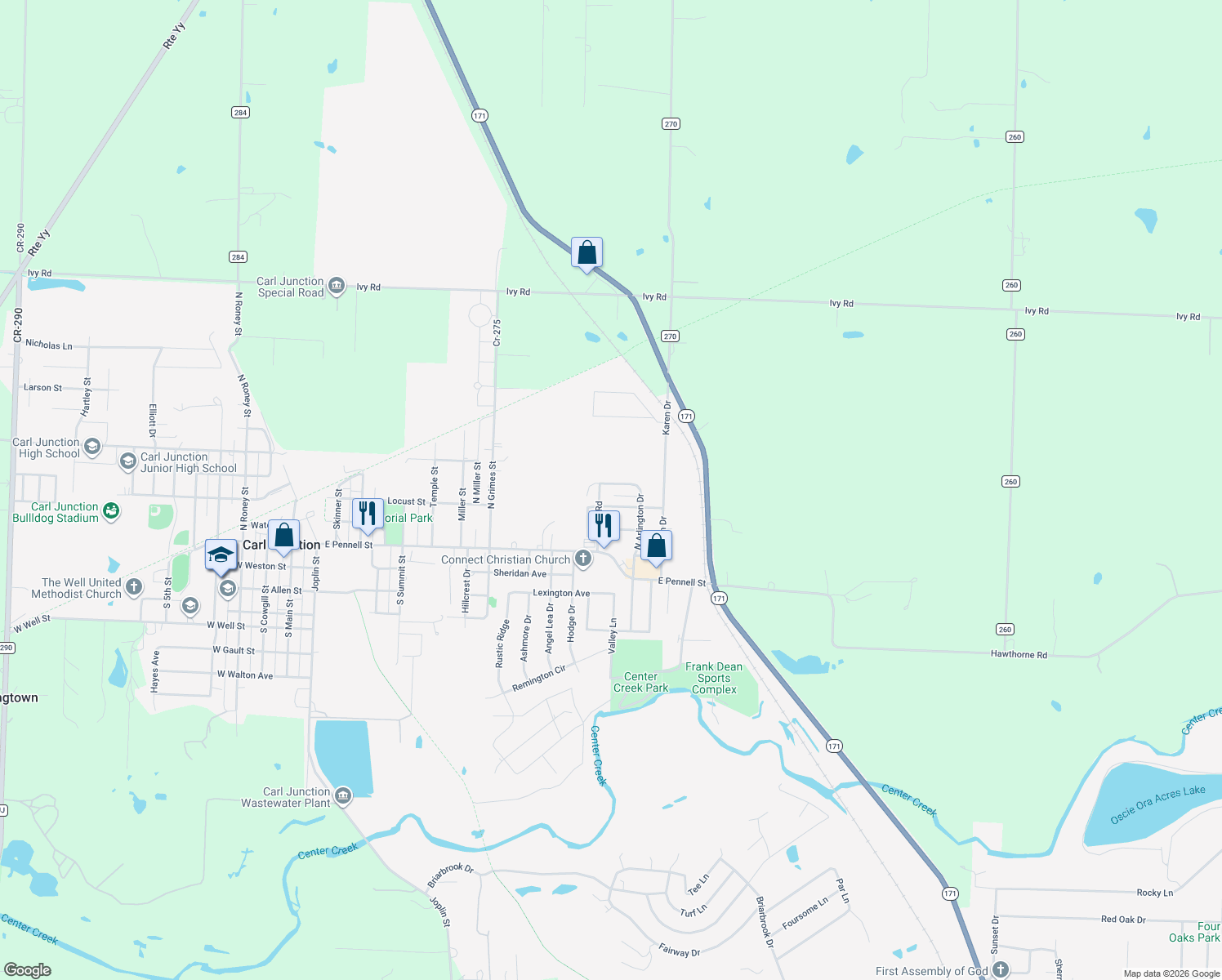 map of restaurants, bars, coffee shops, grocery stores, and more near 410 North Arlington Drive in Carl Junction
