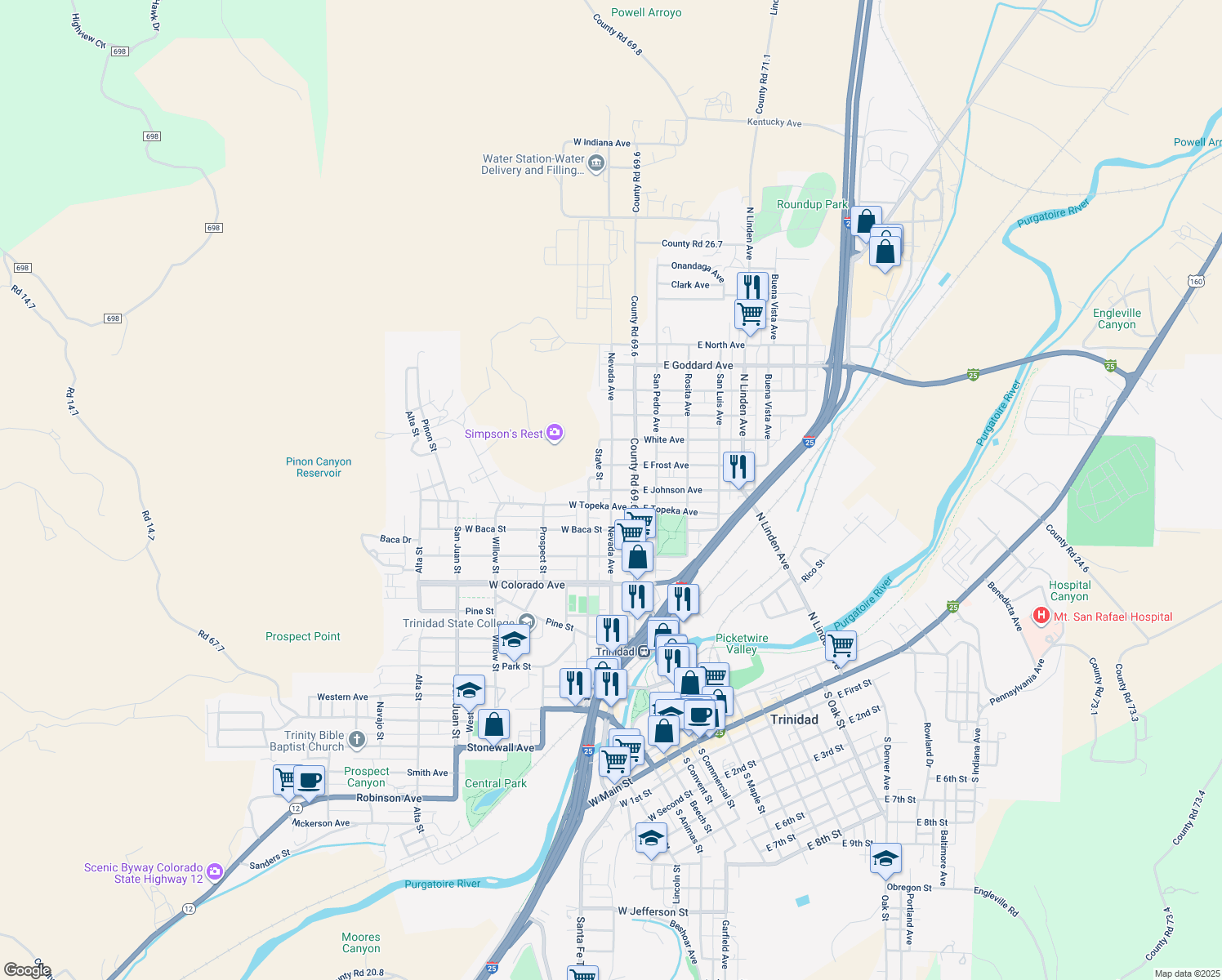 map of restaurants, bars, coffee shops, grocery stores, and more near 198 W Johnson Ave in Trinidad