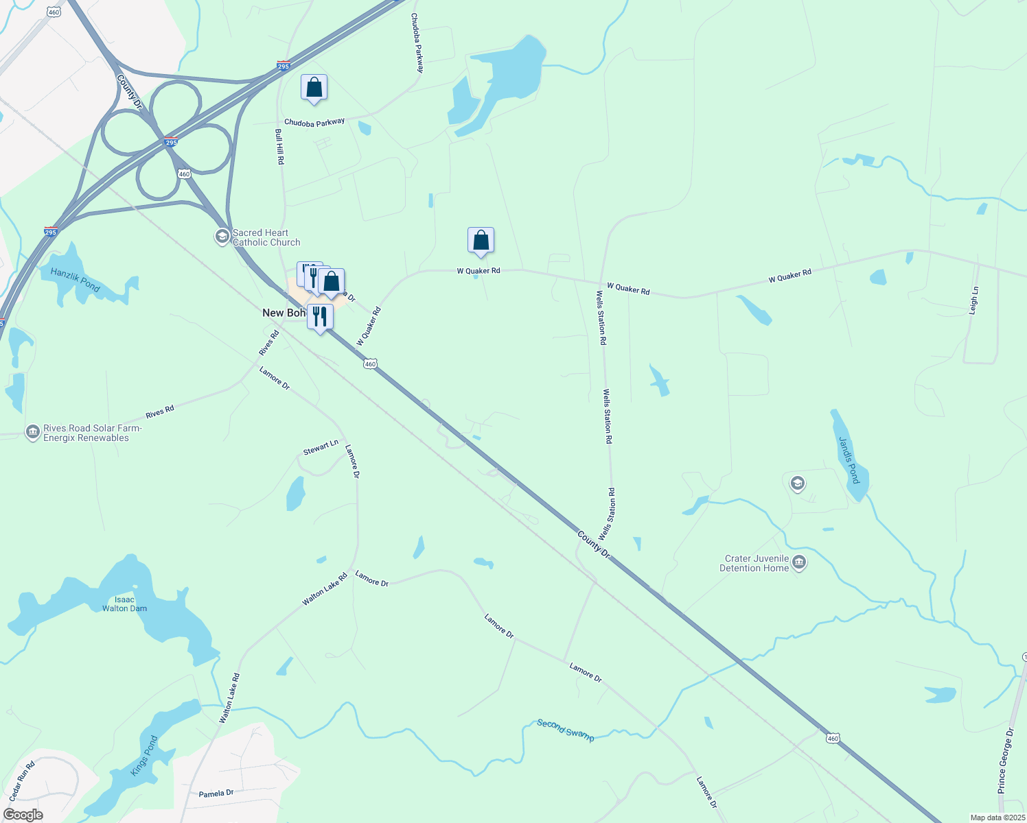 map of restaurants, bars, coffee shops, grocery stores, and more near 5210 Hillside Park Drive in Disputanta