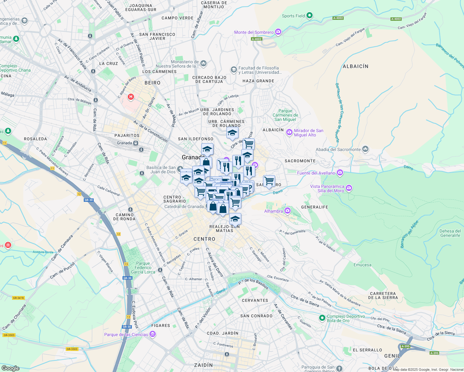 map of restaurants, bars, coffee shops, grocery stores, and more near 8 Placeta Sánchez in Granada