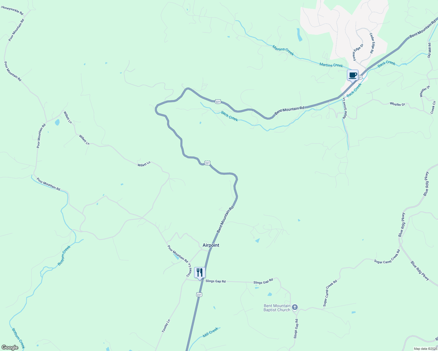 map of restaurants, bars, coffee shops, grocery stores, and more near 9077 Bent Mountain Road in Bent Mountain