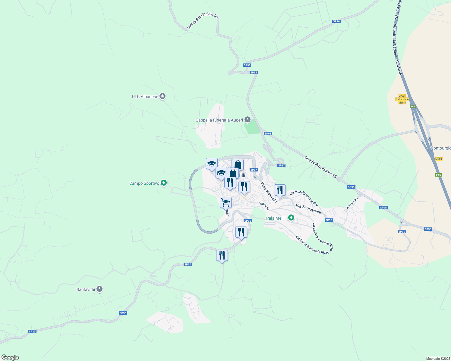 map of restaurants, bars, coffee shops, grocery stores, and more near 11 Via Torquato Tasso in Melilli