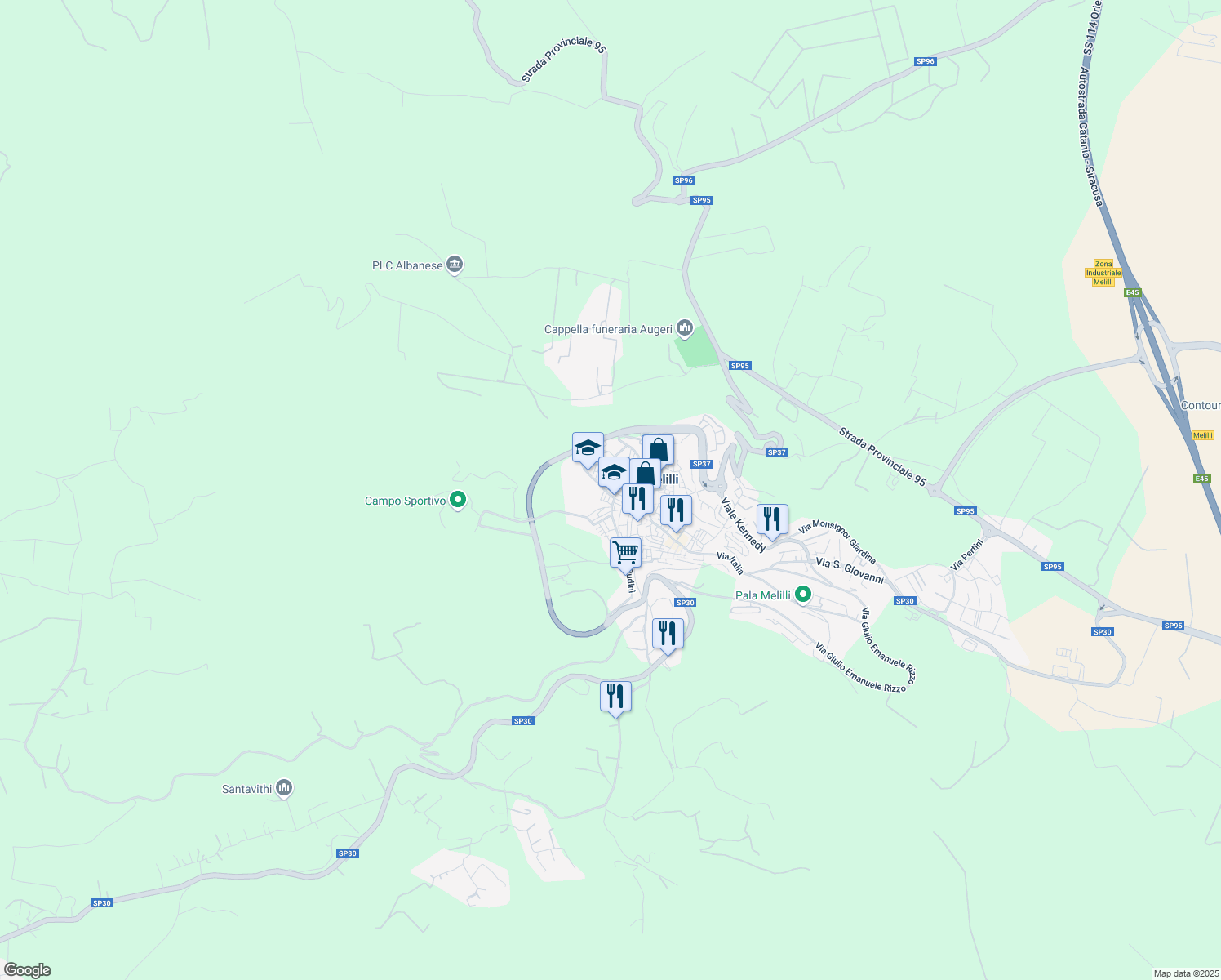 map of restaurants, bars, coffee shops, grocery stores, and more near 11 Via Torquato Tasso in Melilli