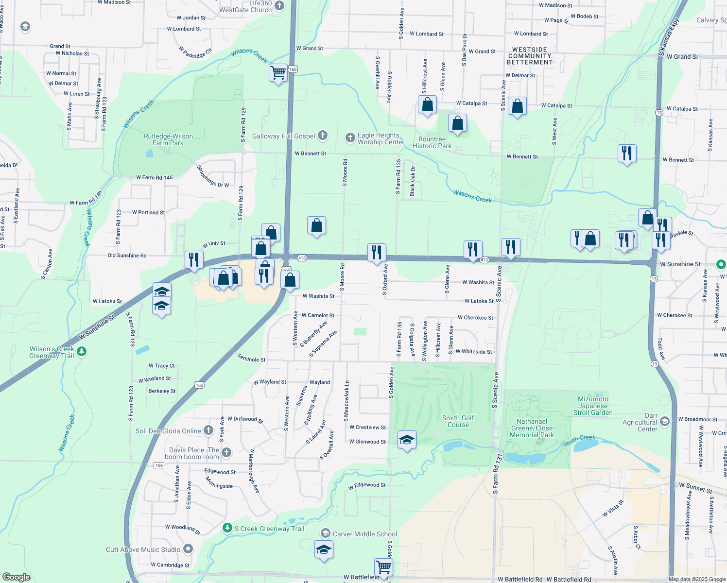 map of restaurants, bars, coffee shops, grocery stores, and more near 3215 W Washita St in Springfield