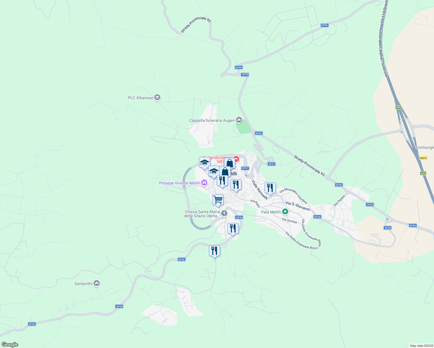 map of restaurants, bars, coffee shops, grocery stores, and more near 11 Via Torquato Tasso in Melilli