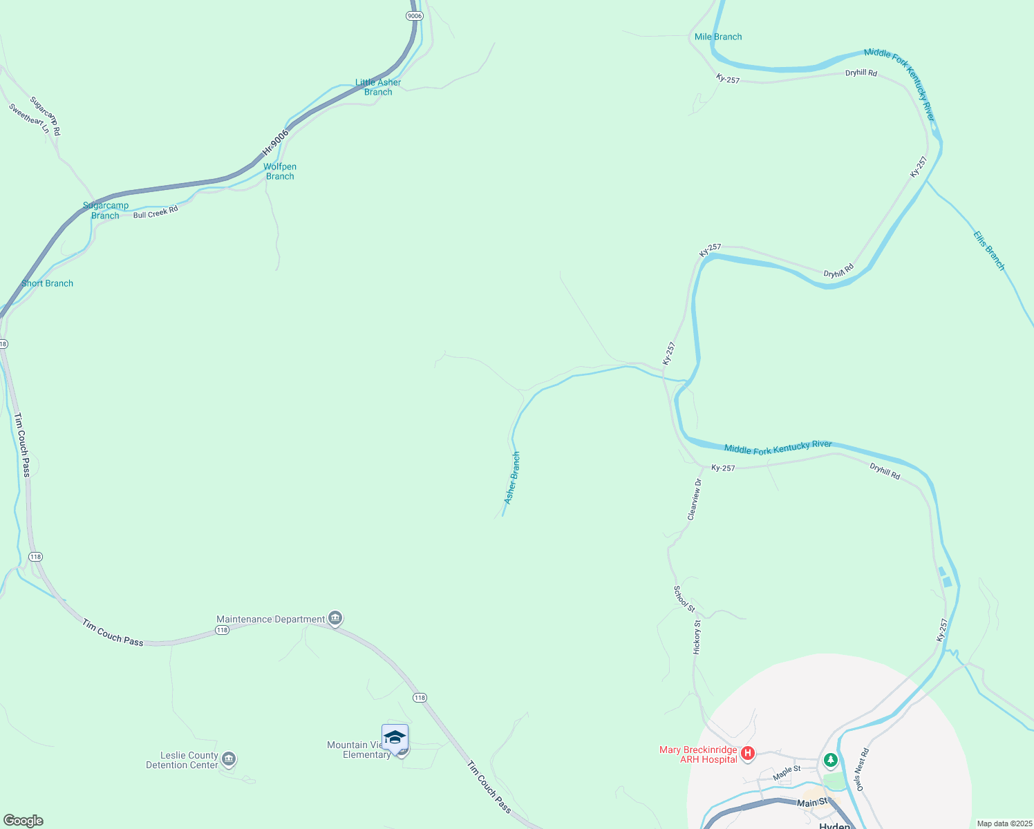 map of restaurants, bars, coffee shops, grocery stores, and more near Asher Branch Road in Leslie County