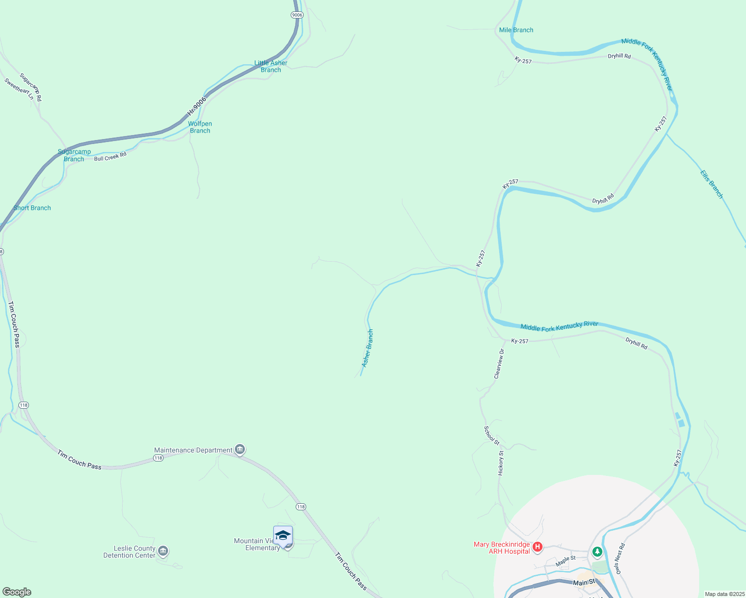 map of restaurants, bars, coffee shops, grocery stores, and more near Asher Branch Road in Leslie County