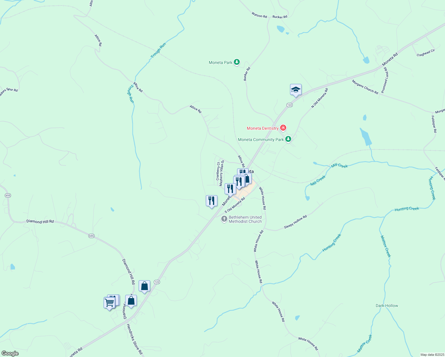 map of restaurants, bars, coffee shops, grocery stores, and more near 1046 Haymore Drive in Moneta