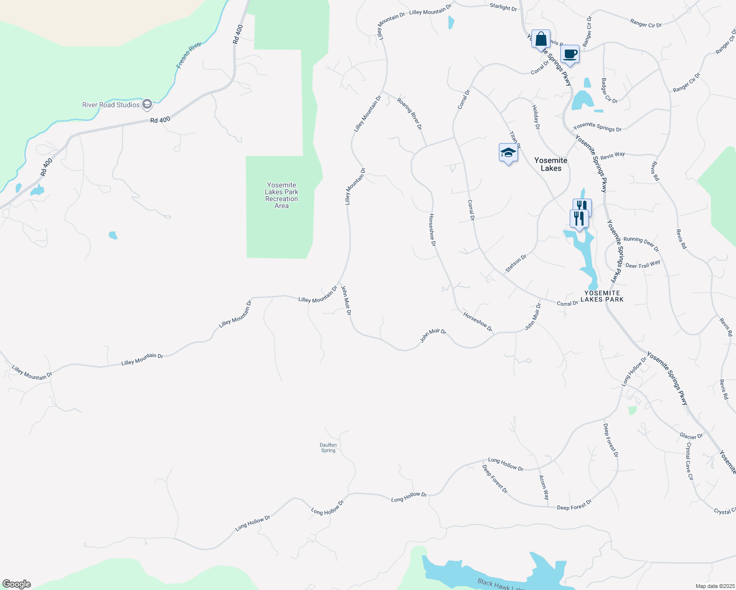 map of restaurants, bars, coffee shops, grocery stores, and more near 41715 John Muir Drive in Coarsegold