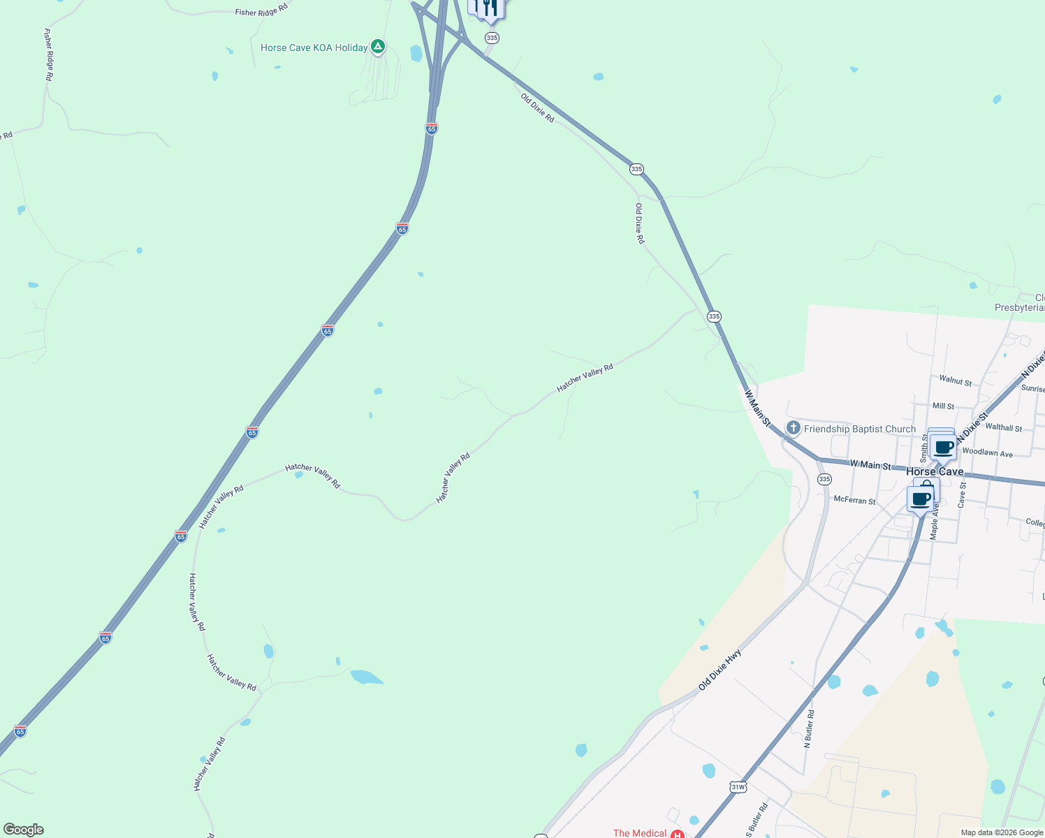 map of restaurants, bars, coffee shops, grocery stores, and more near 600 Hatcher Valley Road in Horse Cave