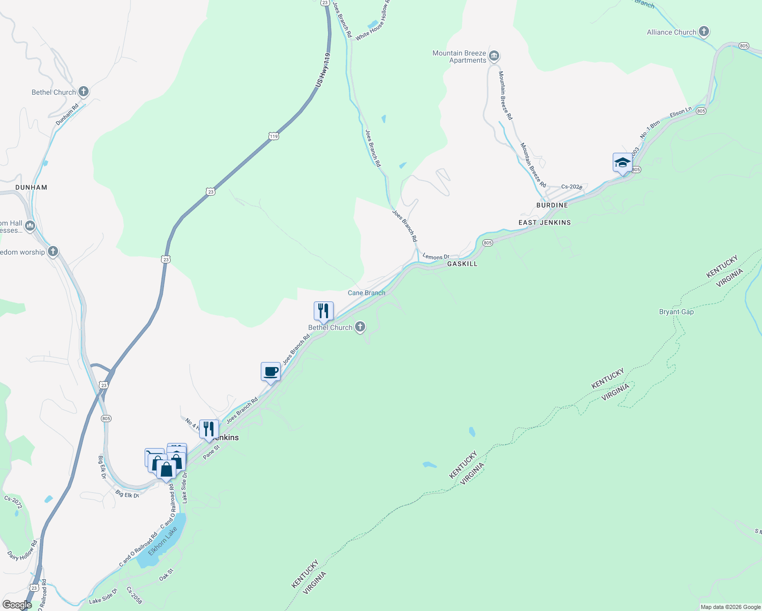 map of restaurants, bars, coffee shops, grocery stores, and more near 109 Forest Hill Circle in Jenkins