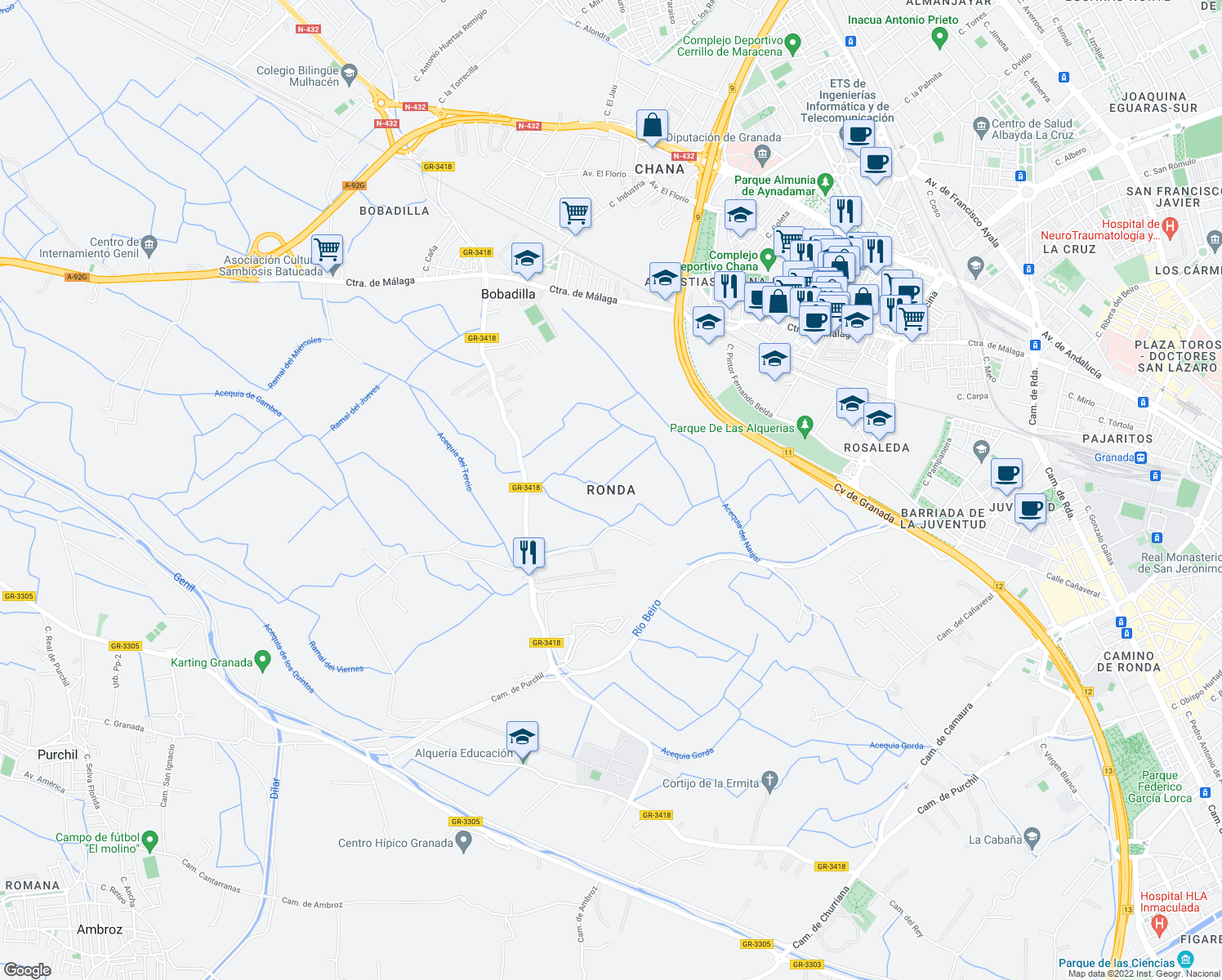 map of restaurants, bars, coffee shops, grocery stores, and more near in Granada