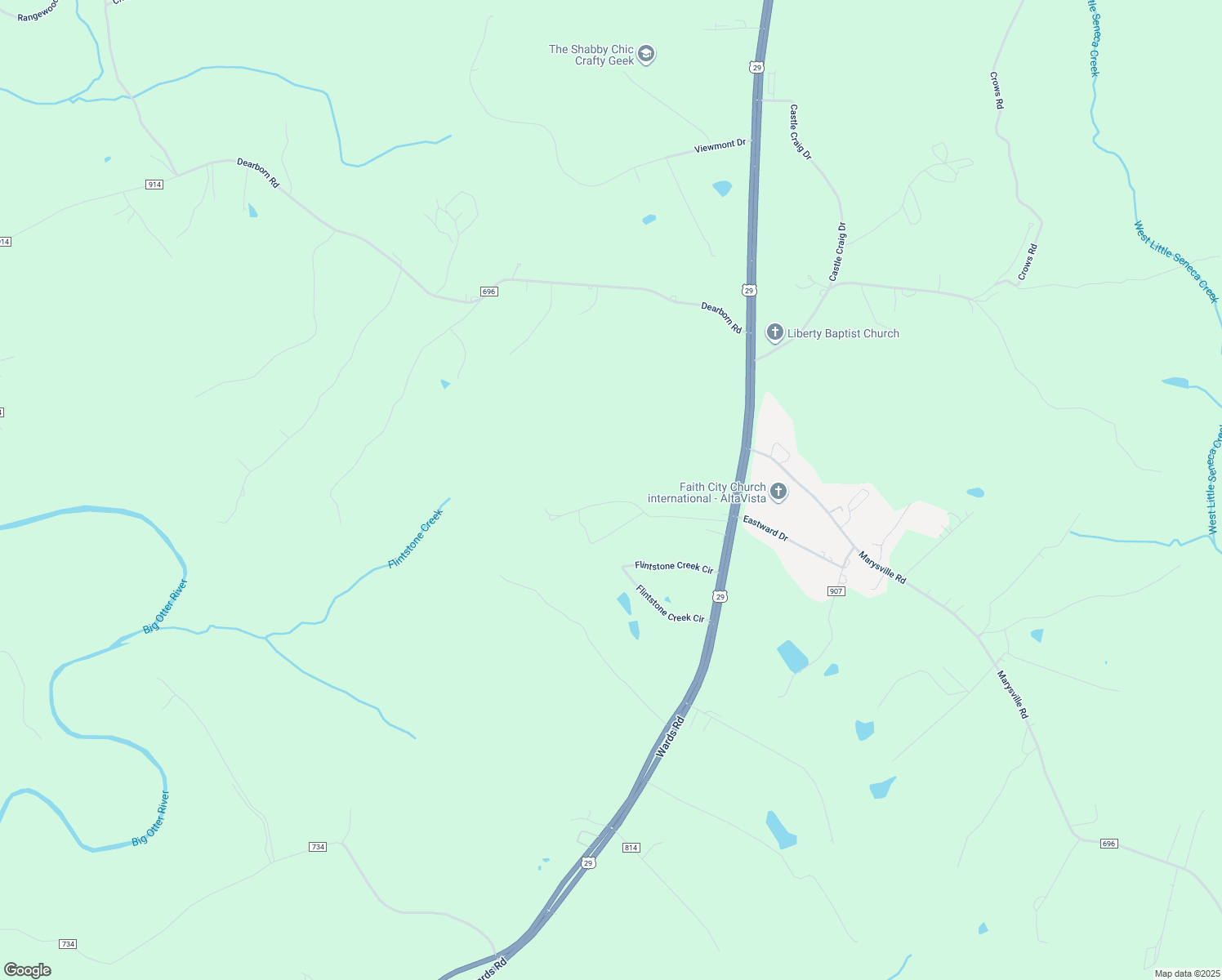 map of restaurants, bars, coffee shops, grocery stores, and more near 361 Barnard Woods Road in Altavista