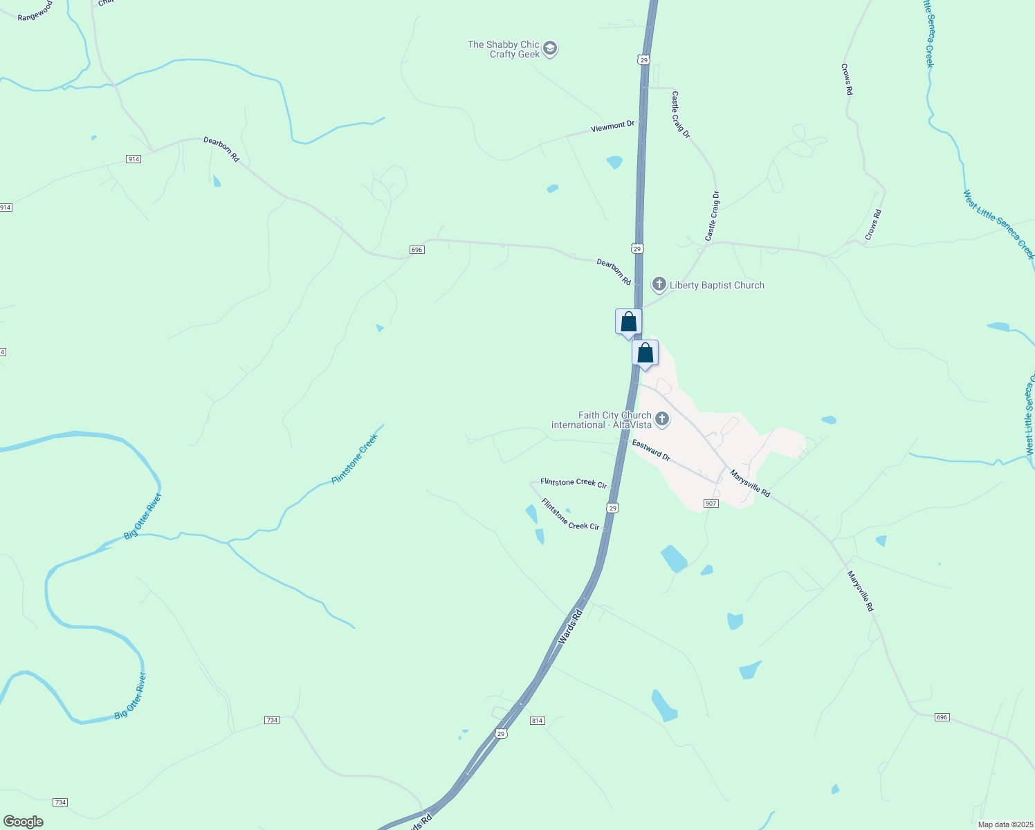 map of restaurants, bars, coffee shops, grocery stores, and more near 361 Barnard Woods Road in Altavista