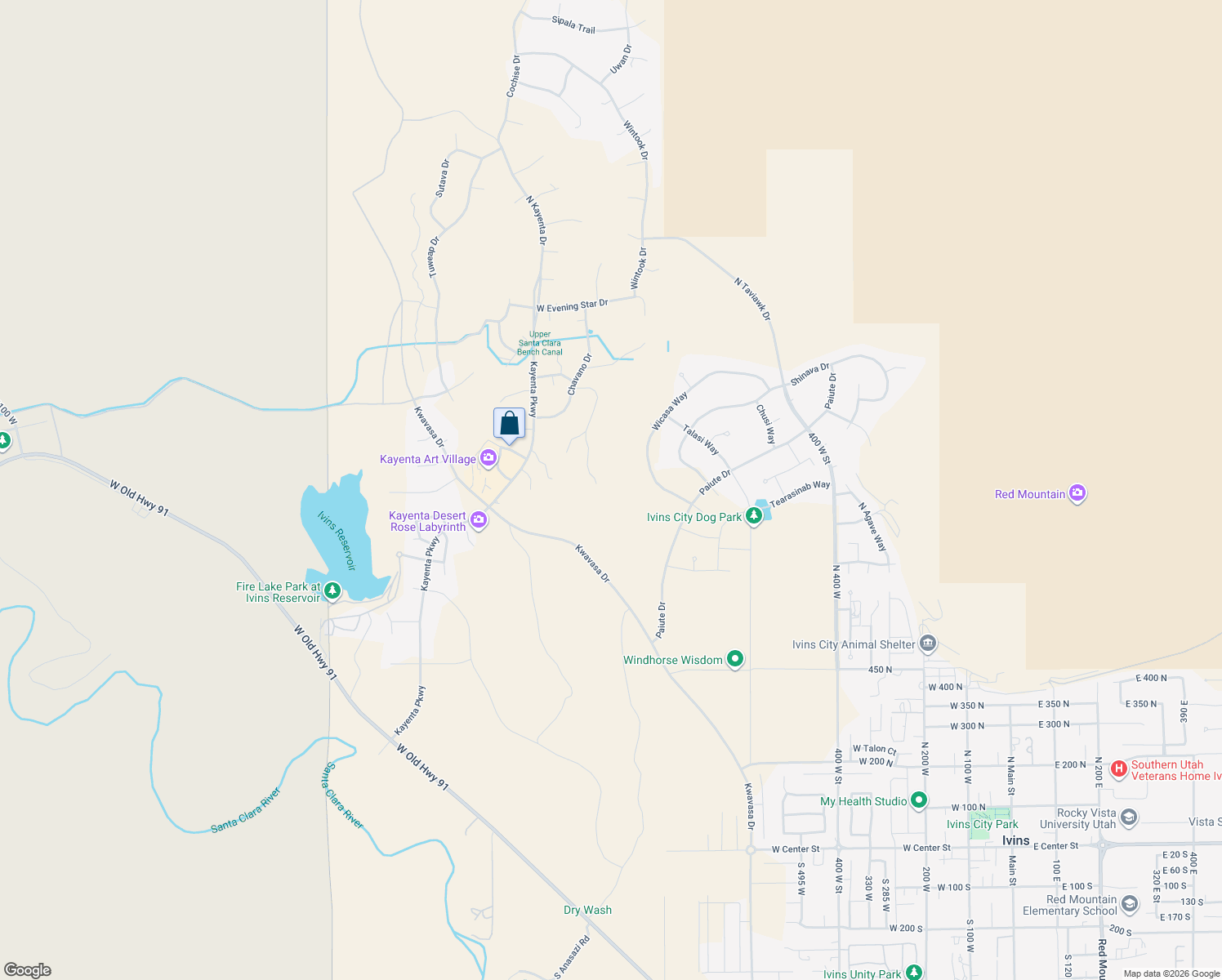 map of restaurants, bars, coffee shops, grocery stores, and more near 824 Shonto Ridge Dr in Ivins
