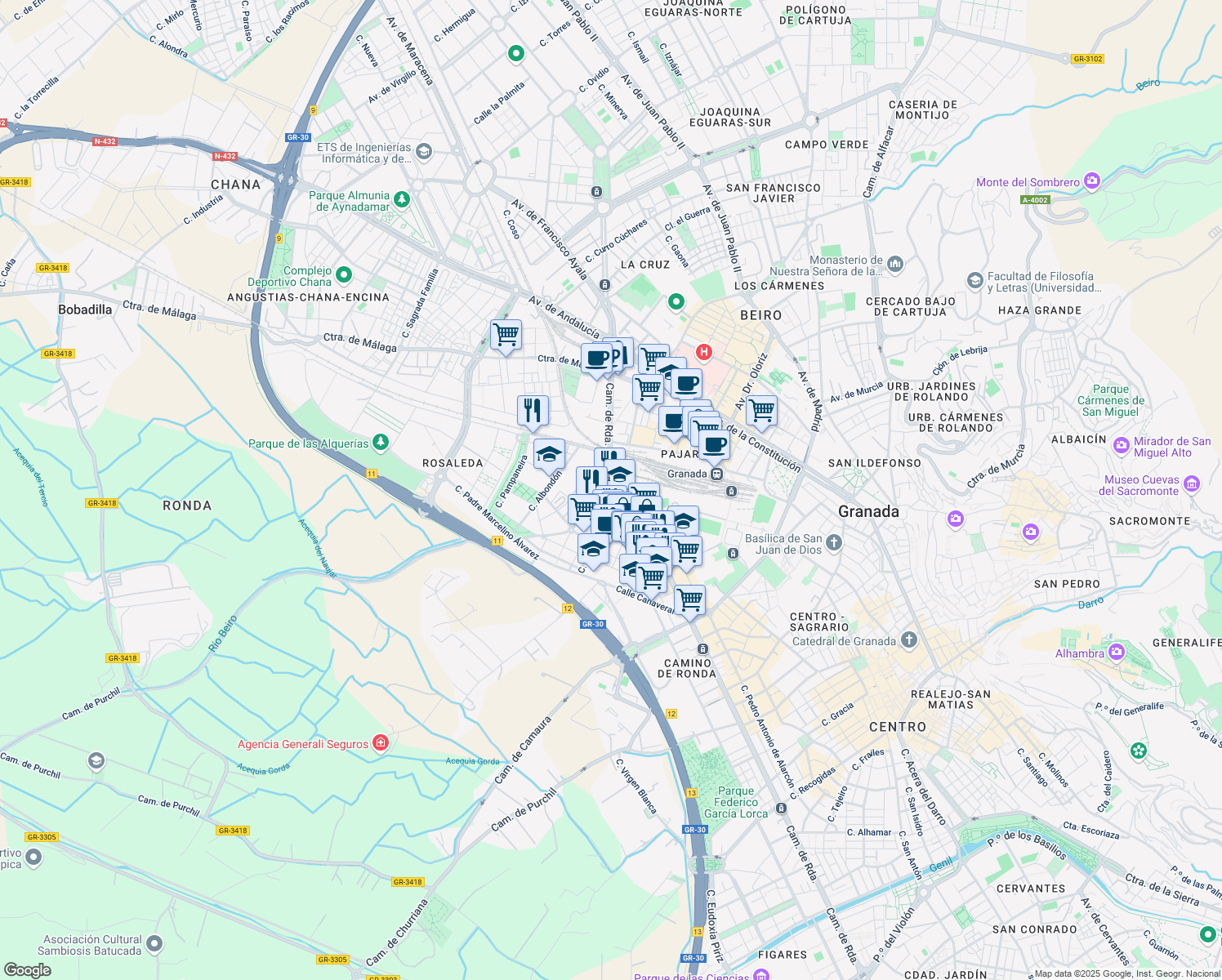 map of restaurants, bars, coffee shops, grocery stores, and more near in Granada