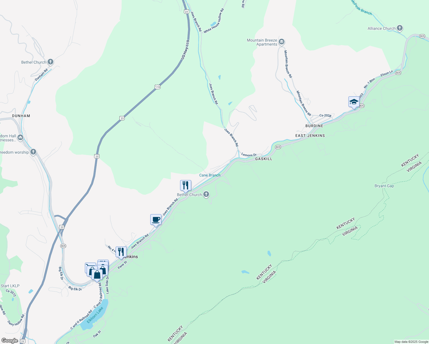 map of restaurants, bars, coffee shops, grocery stores, and more near 151 Joes Branch Road in Jenkins