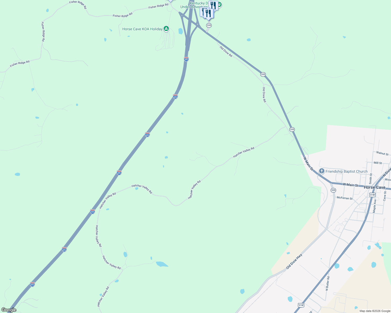 map of restaurants, bars, coffee shops, grocery stores, and more near 600-698 Hatcher Valley Road in Horse Cave