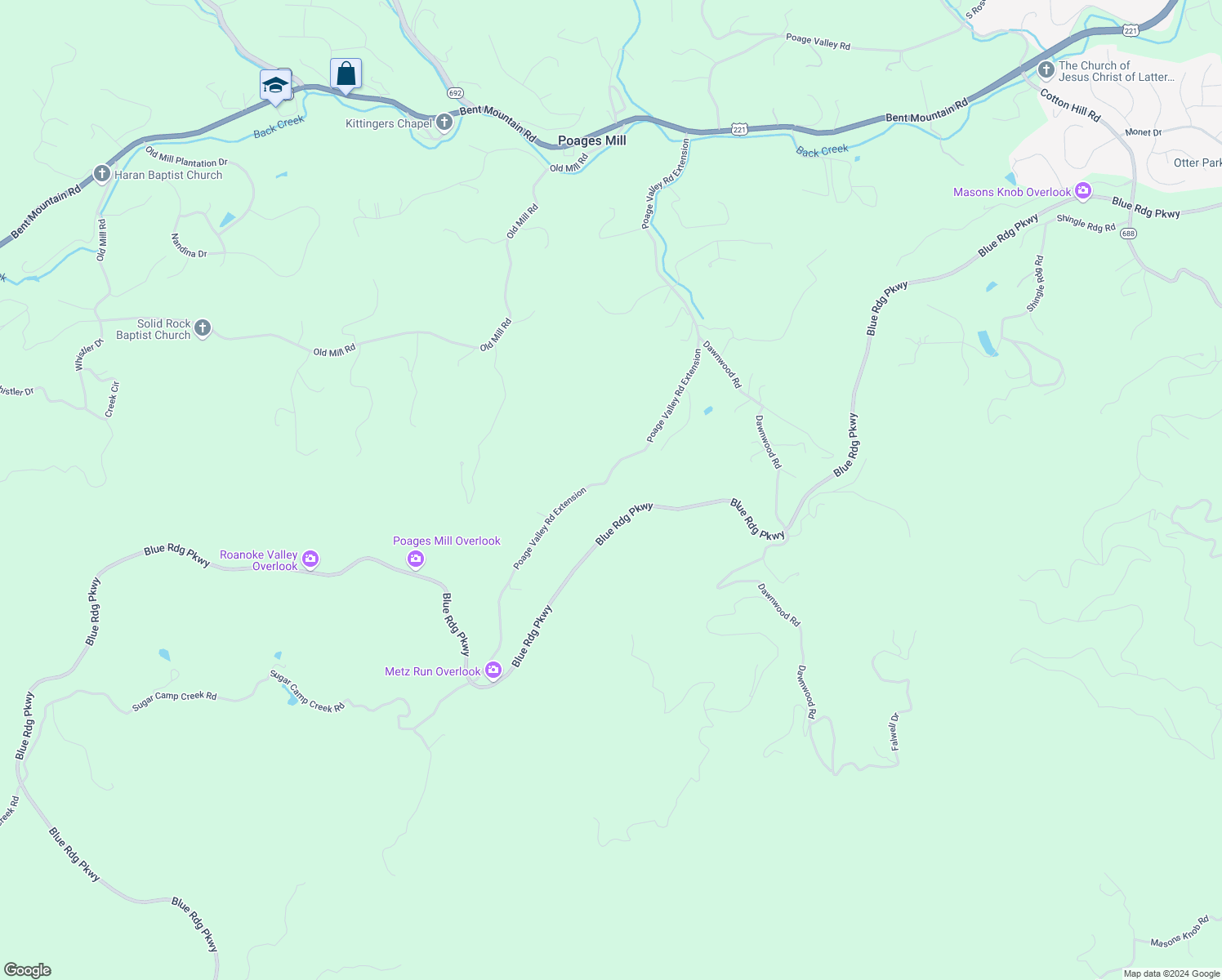 map of restaurants, bars, coffee shops, grocery stores, and more near 6932 Poage Valley Road Extension in Roanoke