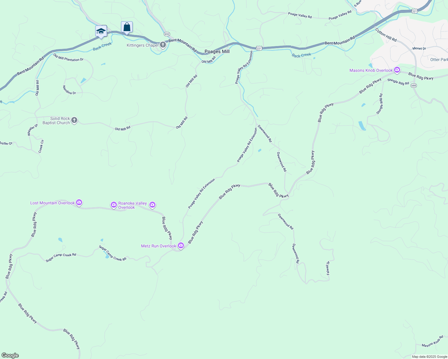 map of restaurants, bars, coffee shops, grocery stores, and more near 6932 Poage Valley Road Extension in Roanoke