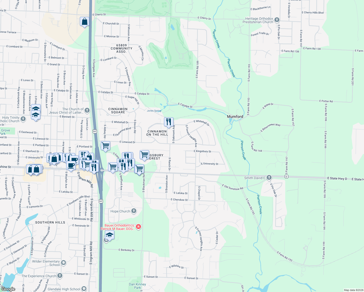 map of restaurants, bars, coffee shops, grocery stores, and more near 4072 East Linwood Street in Springfield