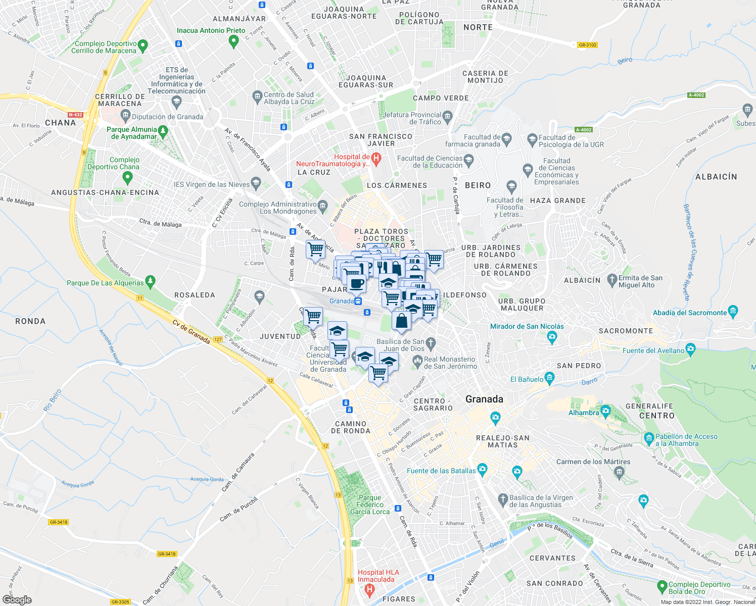 map of restaurants, bars, coffee shops, grocery stores, and more near Calle Doctor Jaime García Royo in Granada