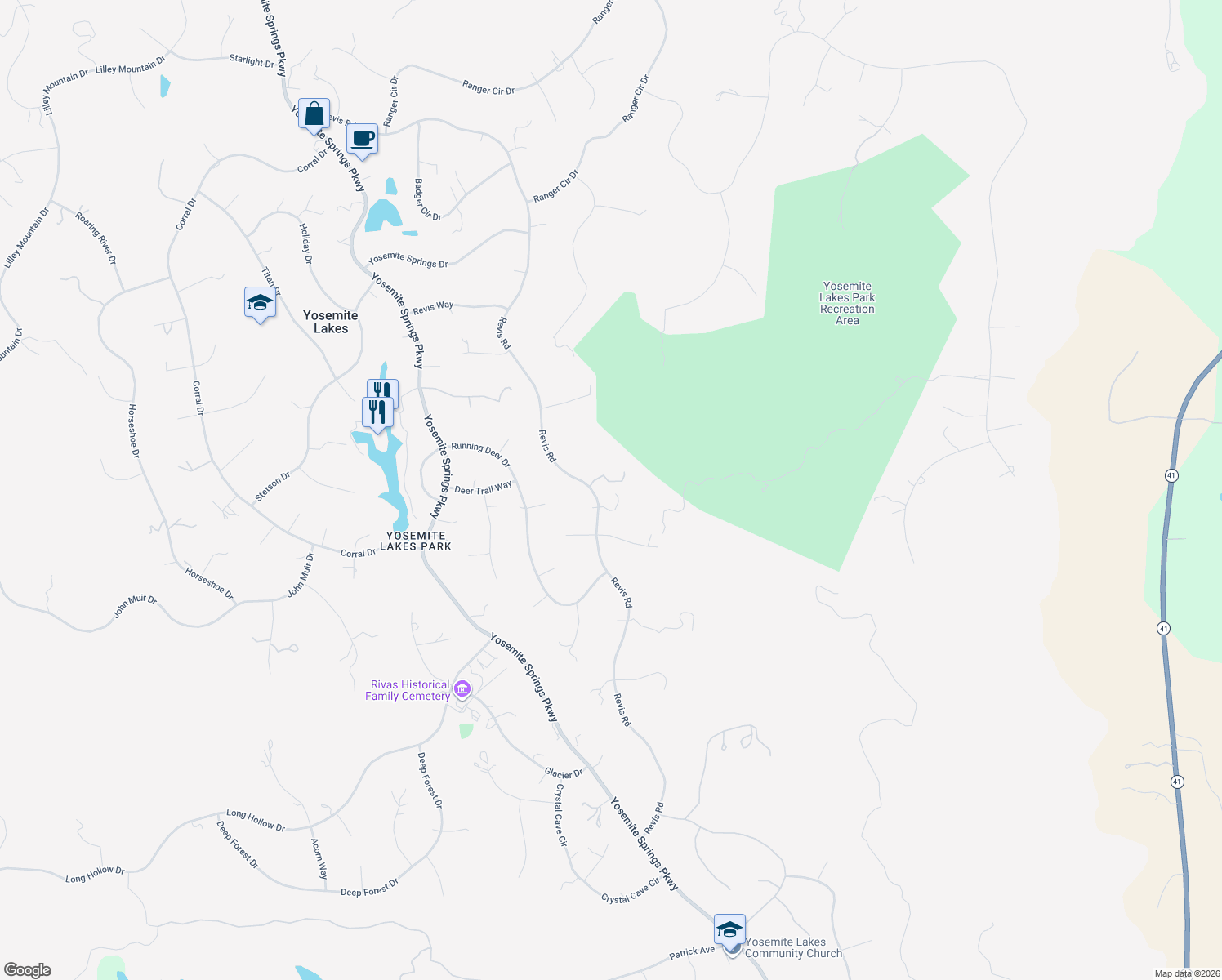 map of restaurants, bars, coffee shops, grocery stores, and more near 29913 Revis Road in Coarsegold