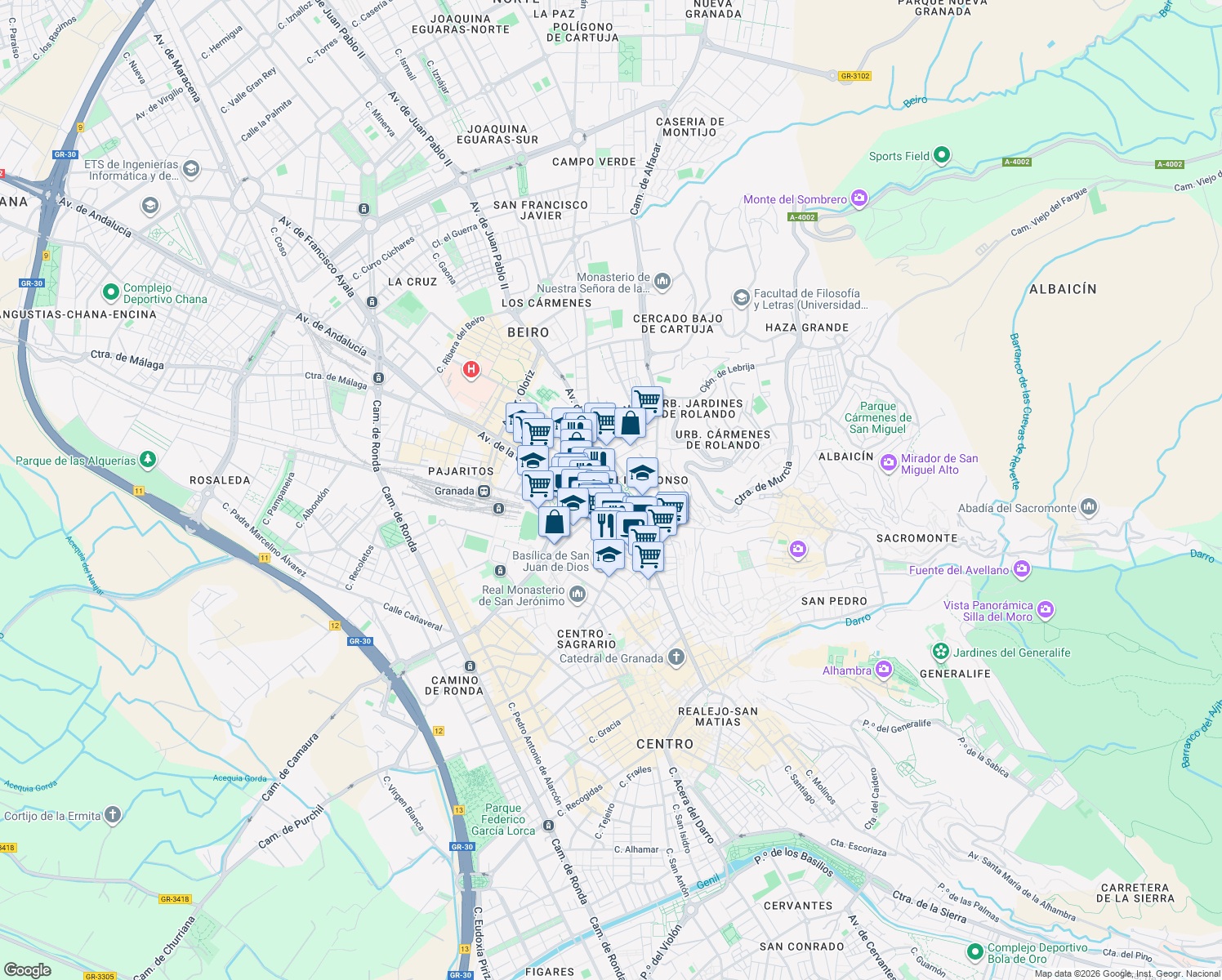 map of restaurants, bars, coffee shops, grocery stores, and more near 29 Avenida de la Constitución in Granada