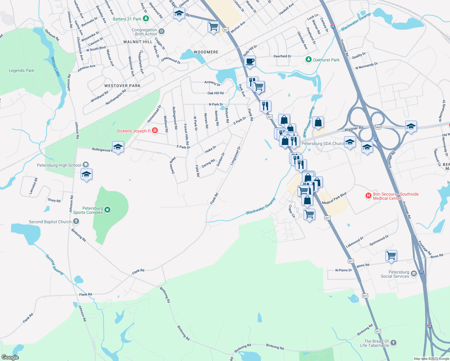 map of restaurants, bars, coffee shops, grocery stores, and more near 636 Flank Road in Petersburg