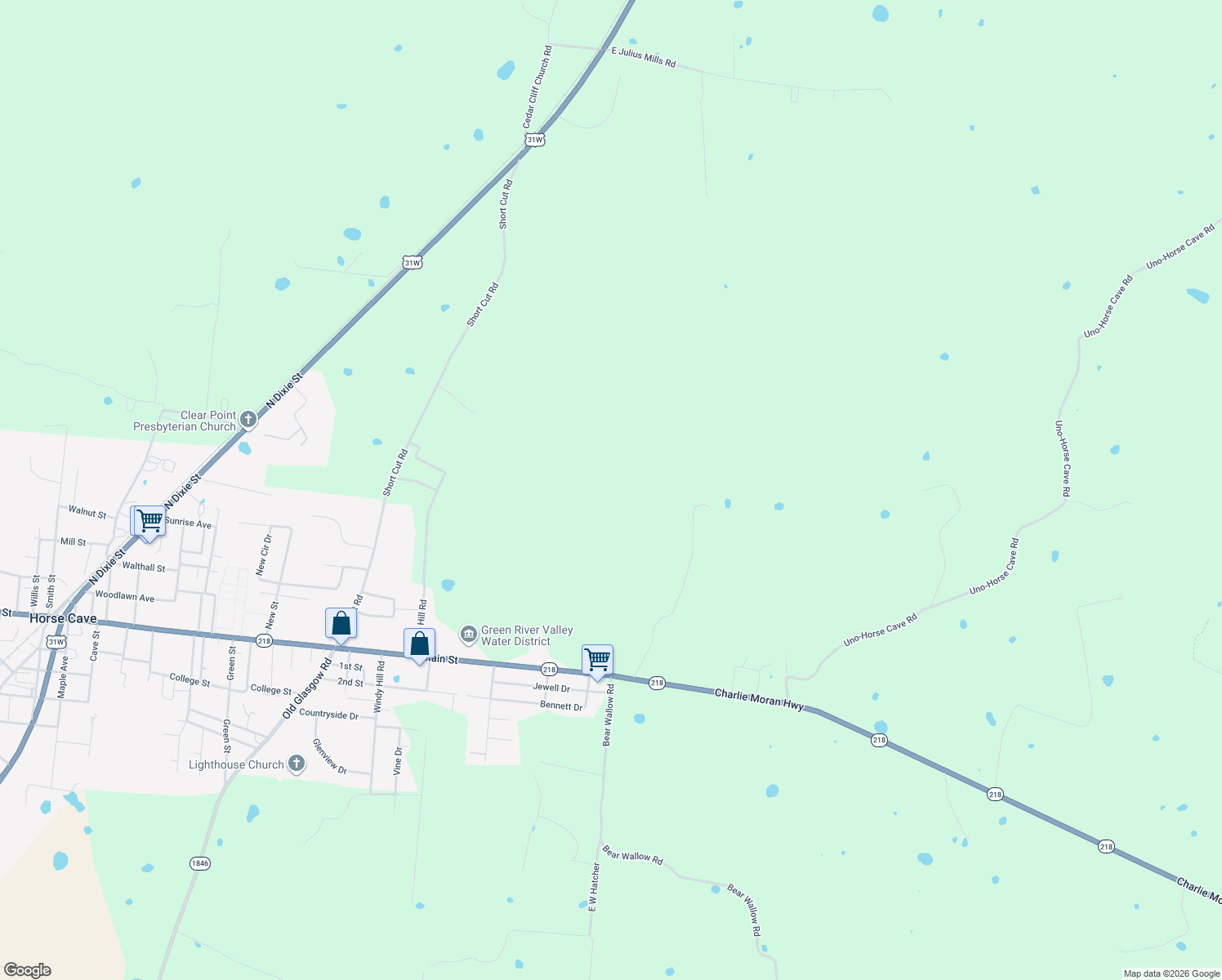 map of restaurants, bars, coffee shops, grocery stores, and more near 100 Water Street in Horse Cave