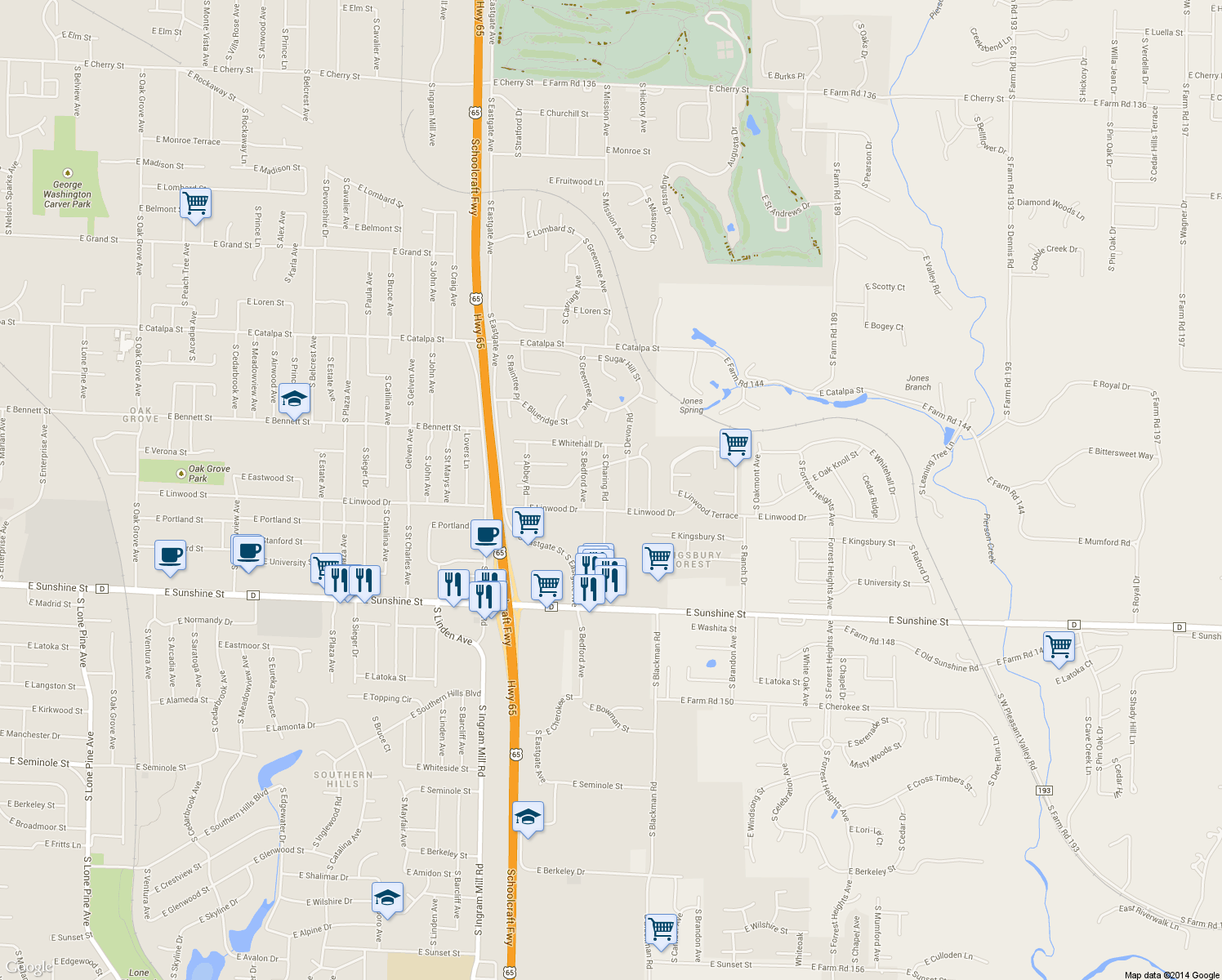 map of restaurants, bars, coffee shops, grocery stores, and more near 1524 South Charing Road in Springfield