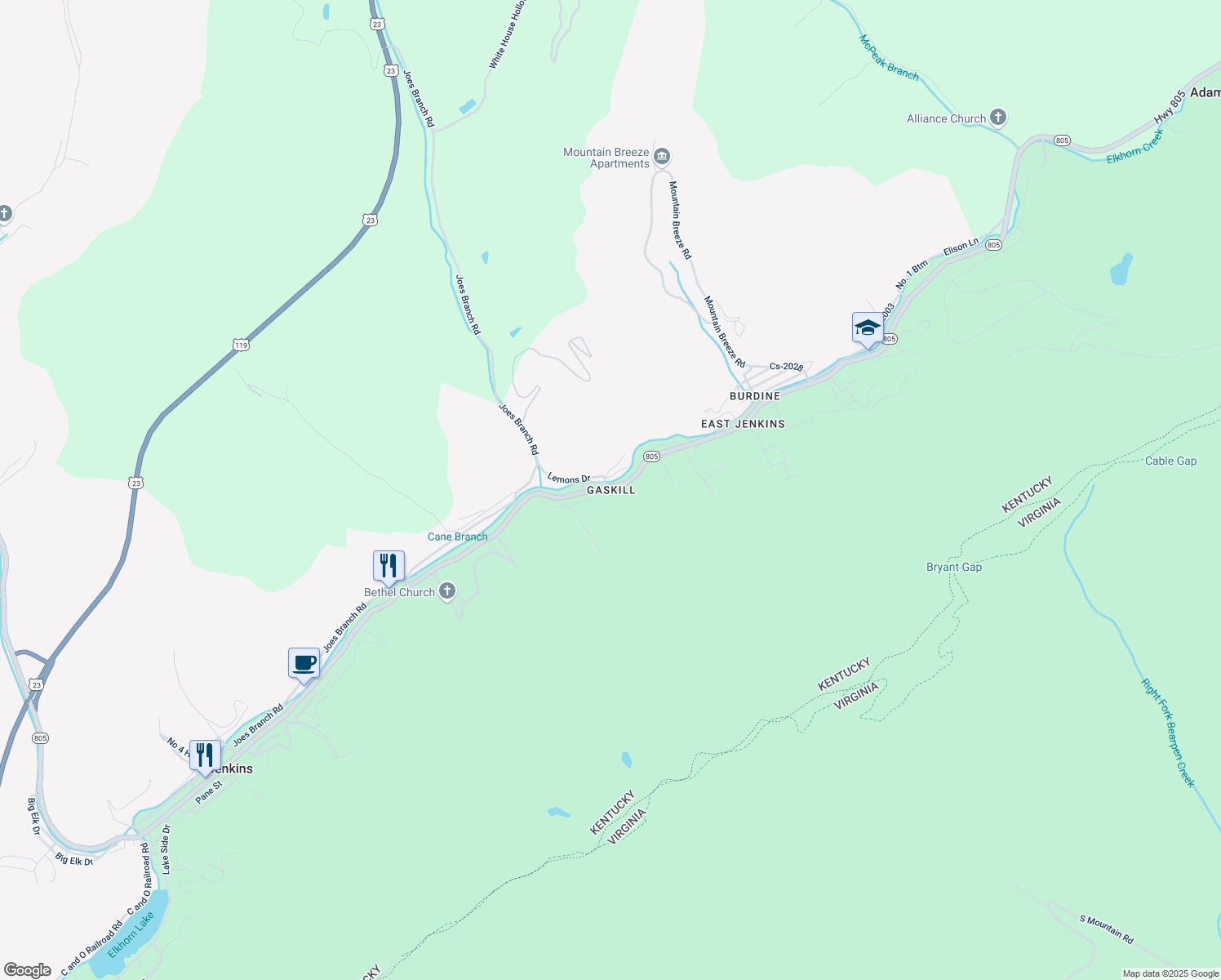 map of restaurants, bars, coffee shops, grocery stores, and more near in Jenkins