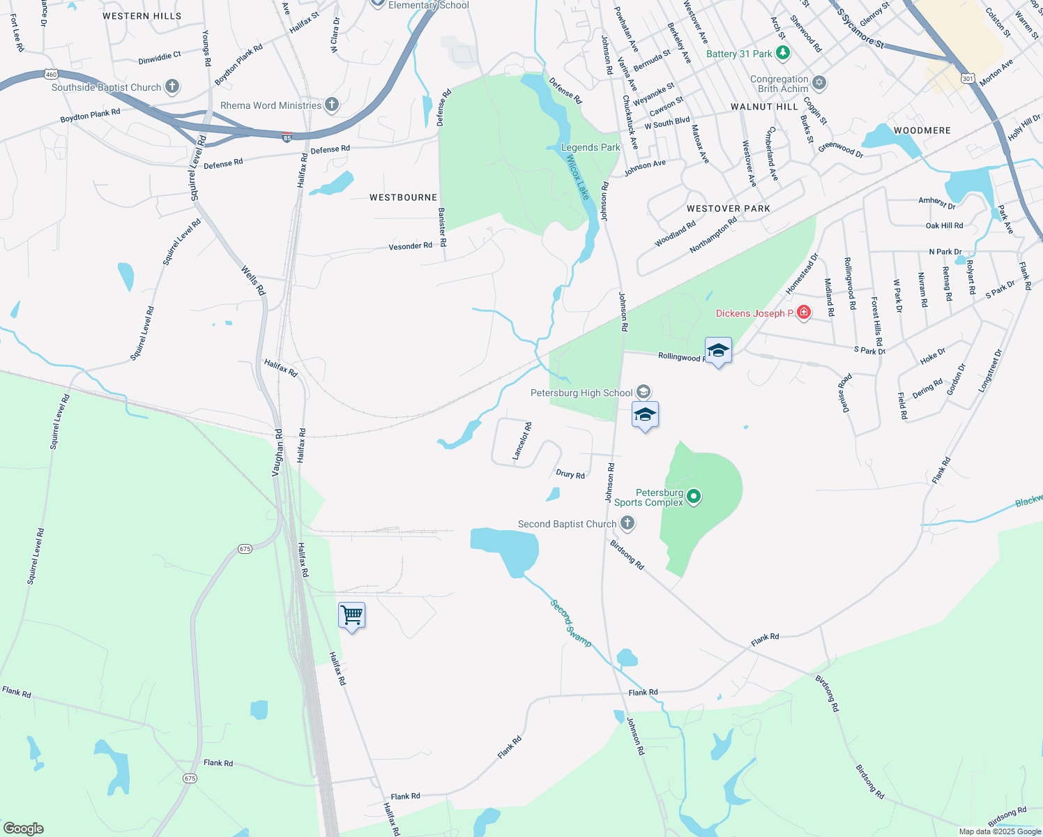 map of restaurants, bars, coffee shops, grocery stores, and more near 1809 Tudor Lane in Petersburg