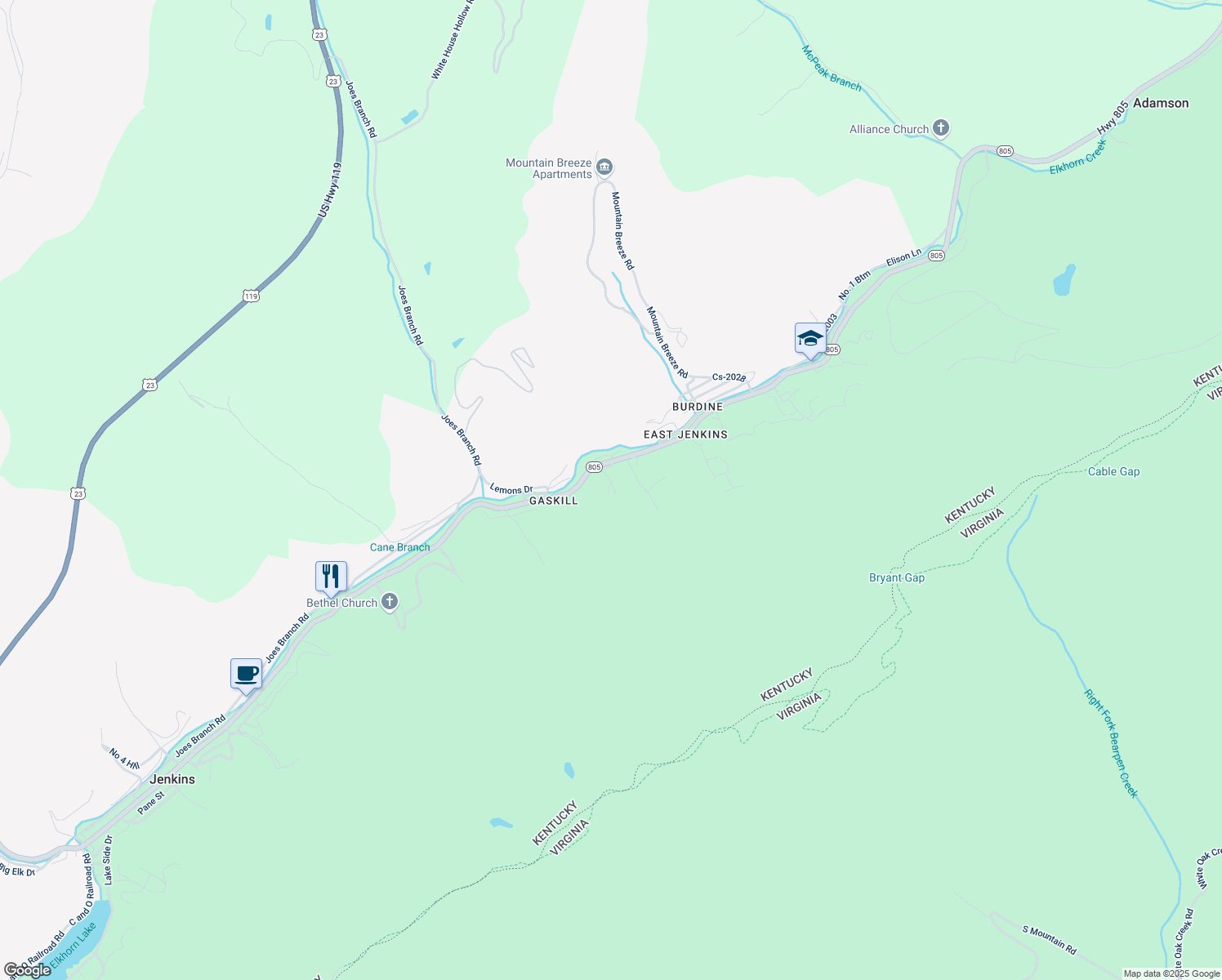 map of restaurants, bars, coffee shops, grocery stores, and more near Cs-2025 in Jenkins